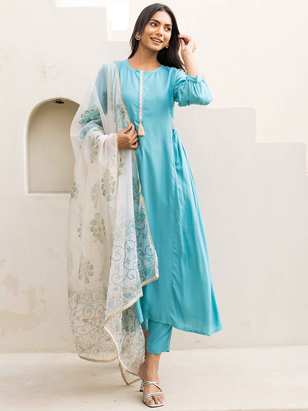 

HERE&NOW Women Regular Kurta with Trousers & With Dupatta, Teal