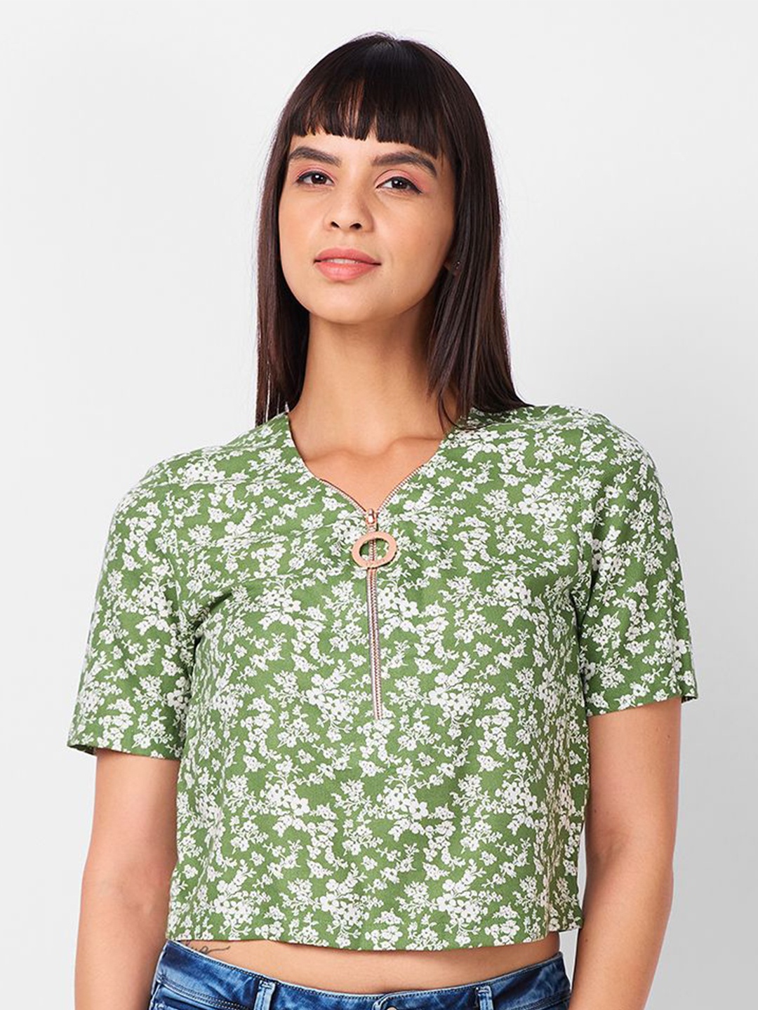 

IZEL Floral Print Crop Top, Green