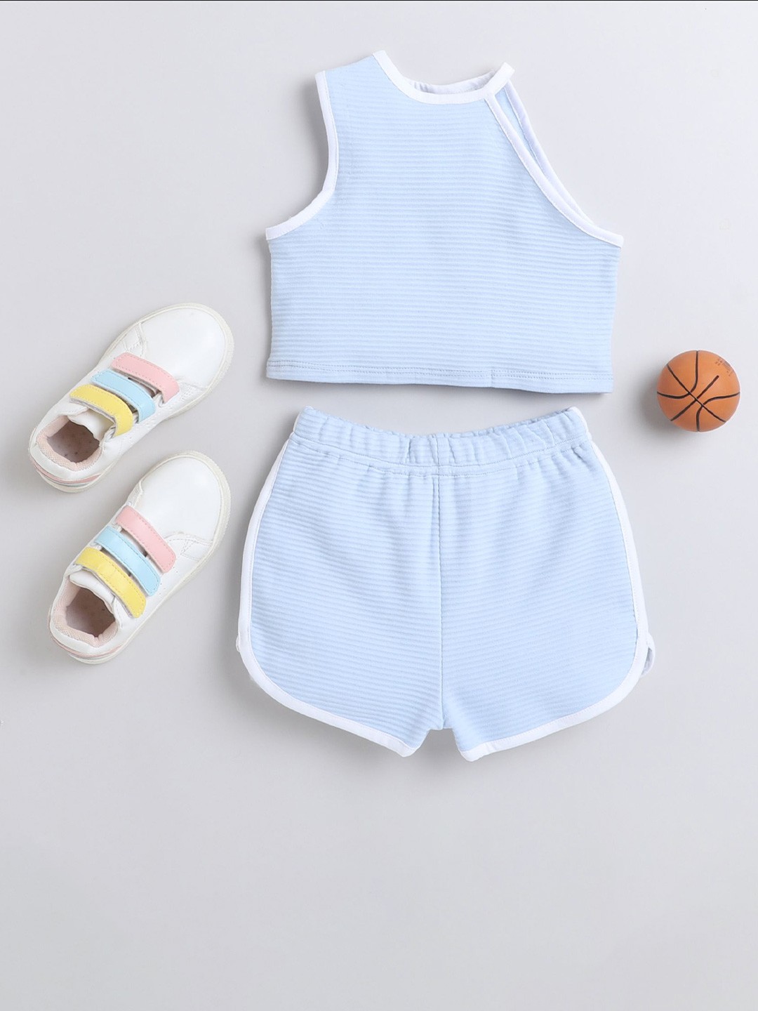 

taffykids Girls Striped Round Neck Top With Shorts, Blue