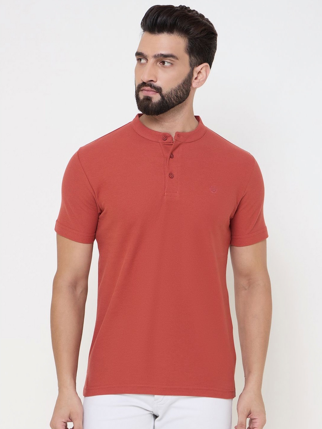 

Duke Men Solid Henley Neck Cotton T-shirt, Rust