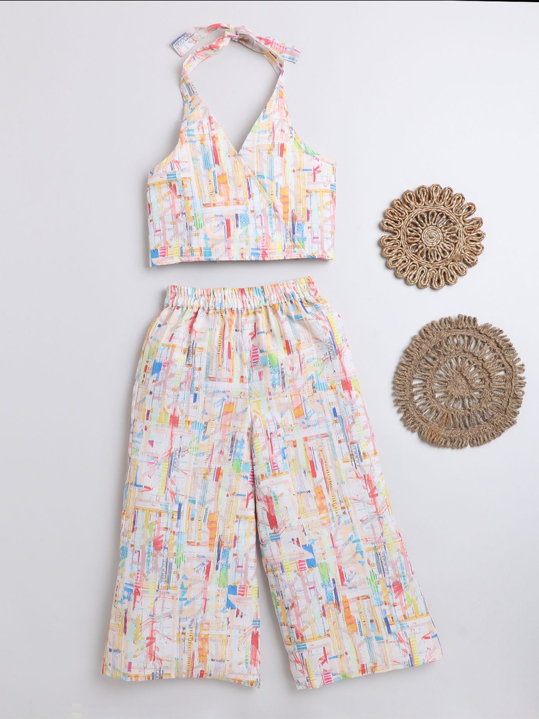 

taffykids Girls Abstract Printed Halter Neck Pure Cotton Top With Trousers, White