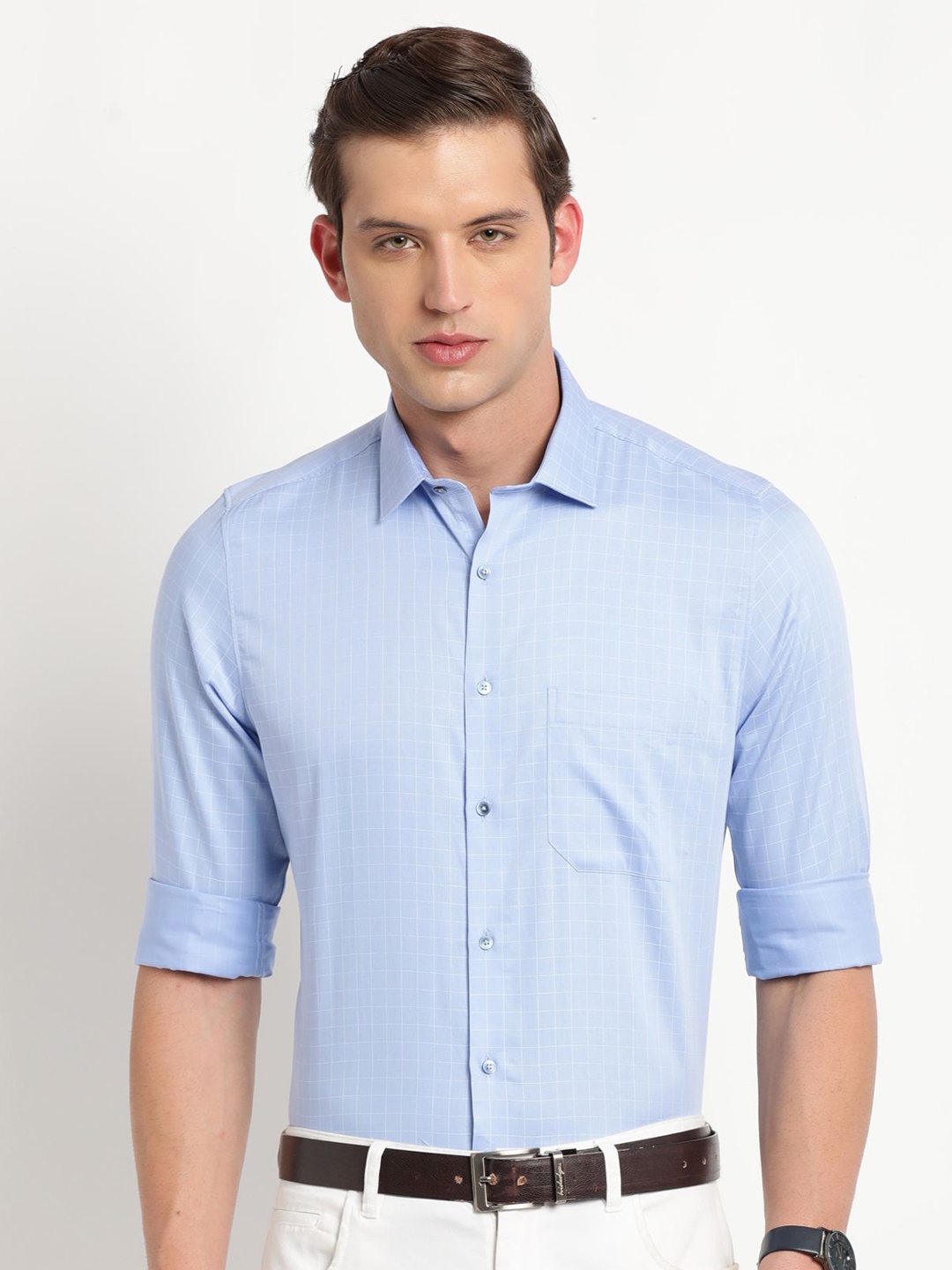 

Turtle Men Standard Spread Collar Checked Cotton Formal Shirt, Blue