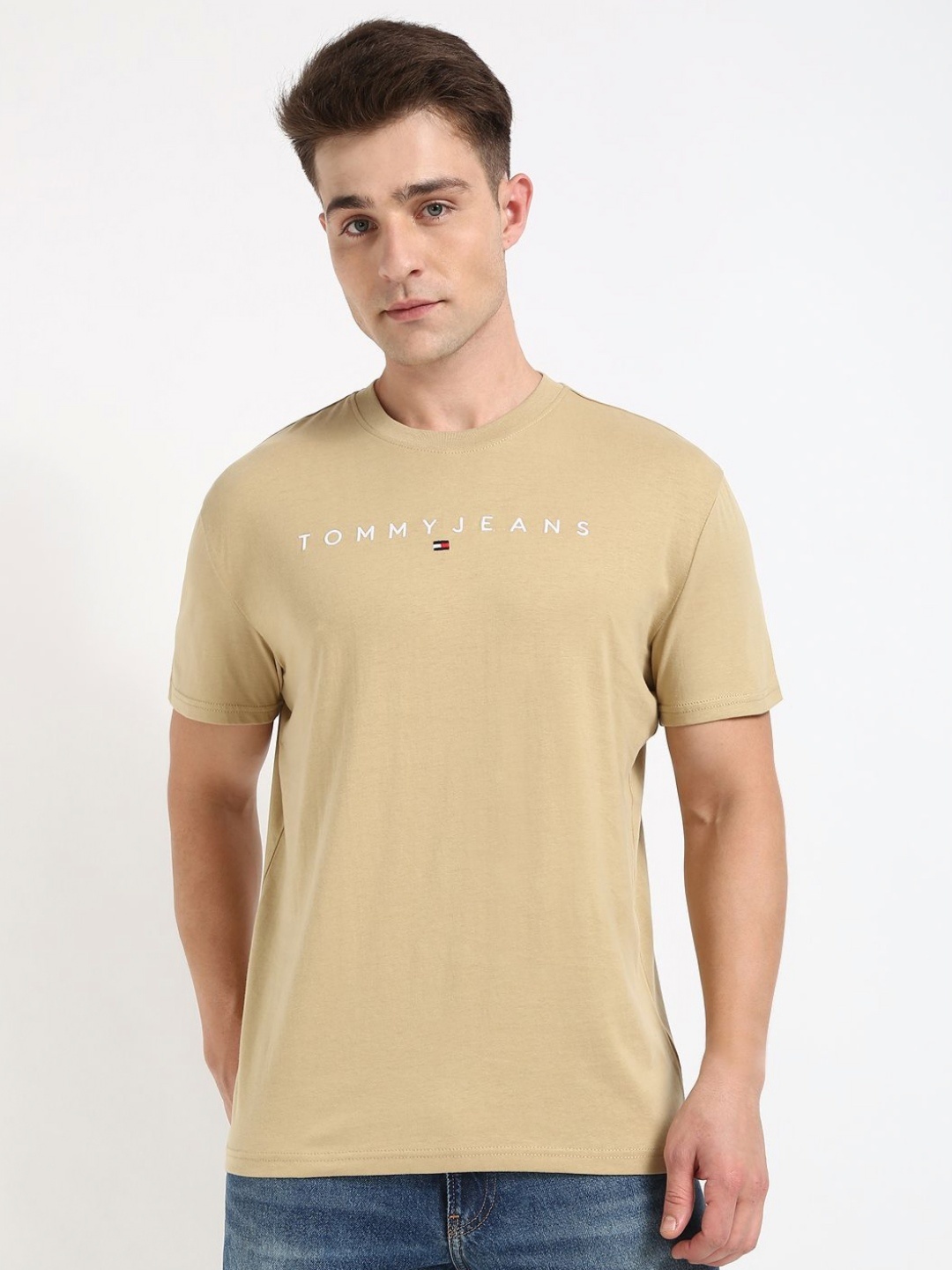 

Tommy Hilfiger Men Brand Logo Printed Cotton T-shirt, Beige