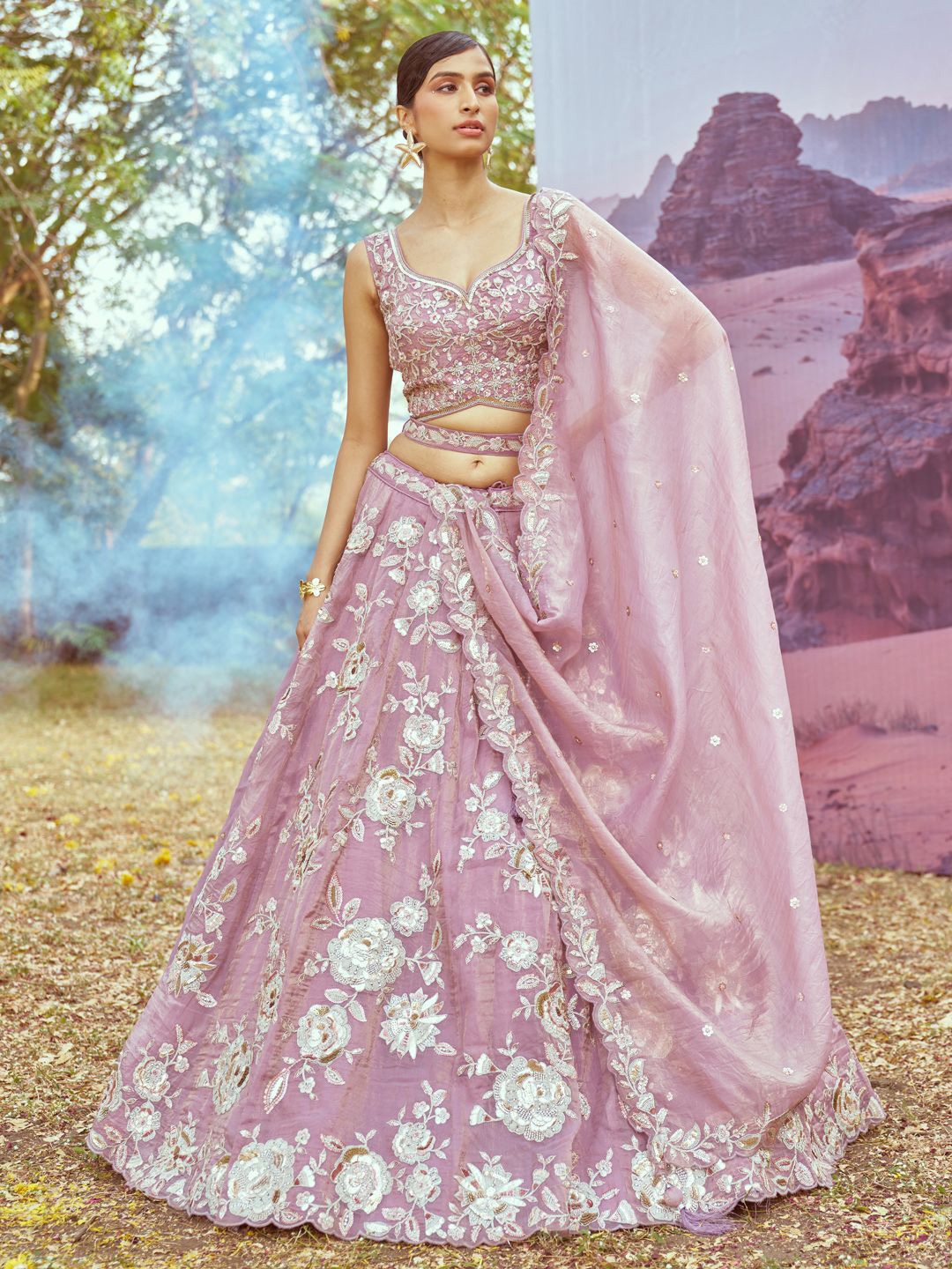 

panchhi Embellished Organza Semi-Stitched Lehenga & Unstitched Blouse With Dupatta, Lavender