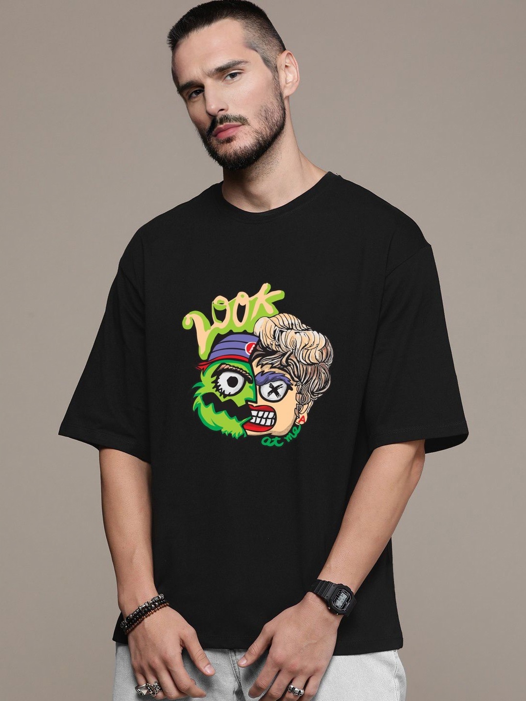

Manlino Unisex Printed Applique T-shirt, Black