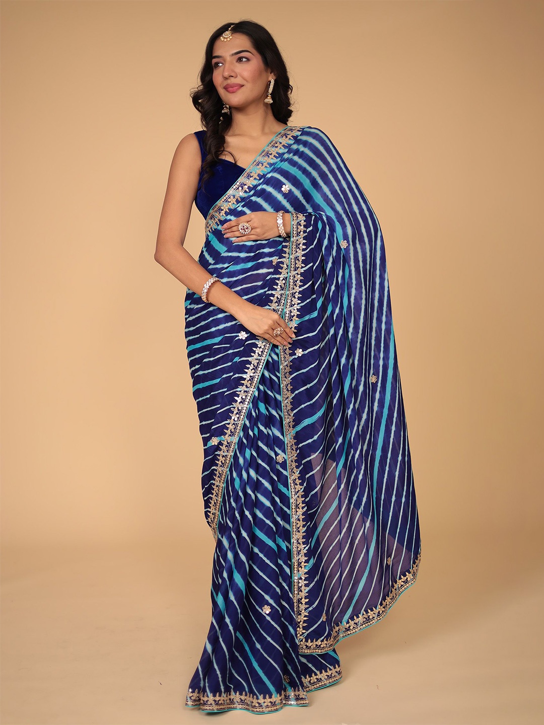 

ZARI Leheriya Gotta Patti Pure Silk Leheriya Saree, Blue