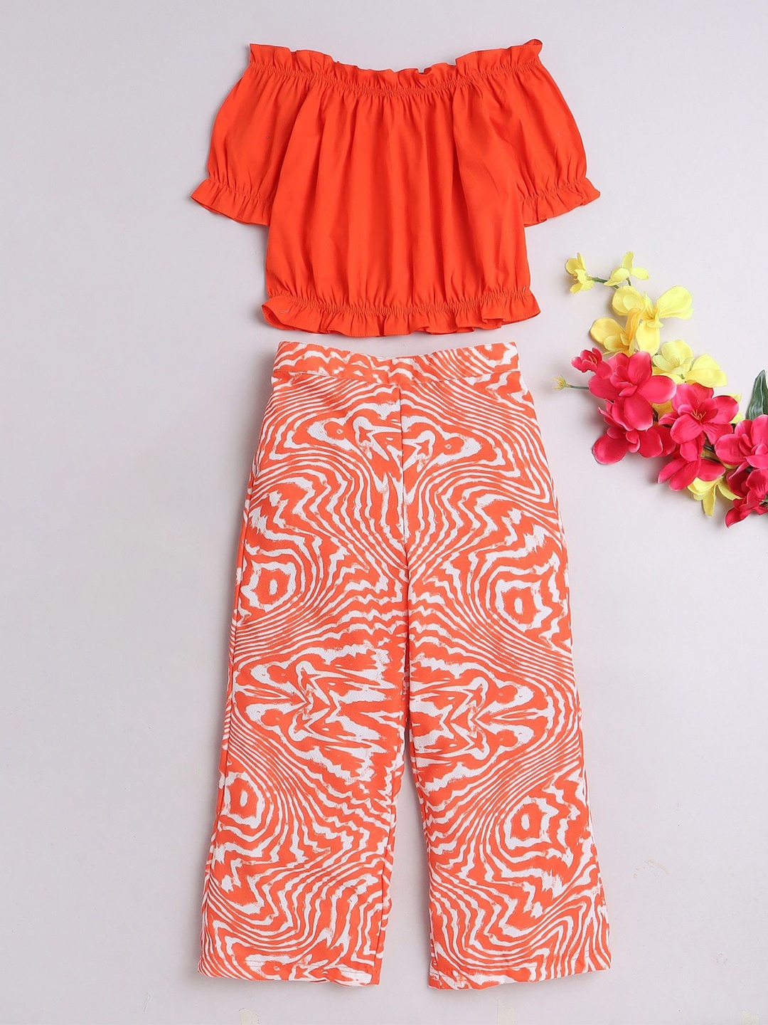 

taffykids Girls Poplin Short Sleeves Off-Shoulder Top with Trousers, Orange