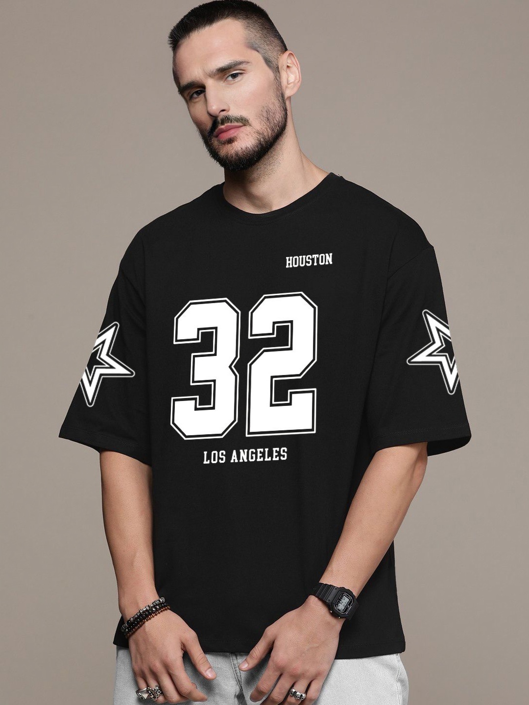 

Manlino Unisex Printed Applique T-shirt, Black