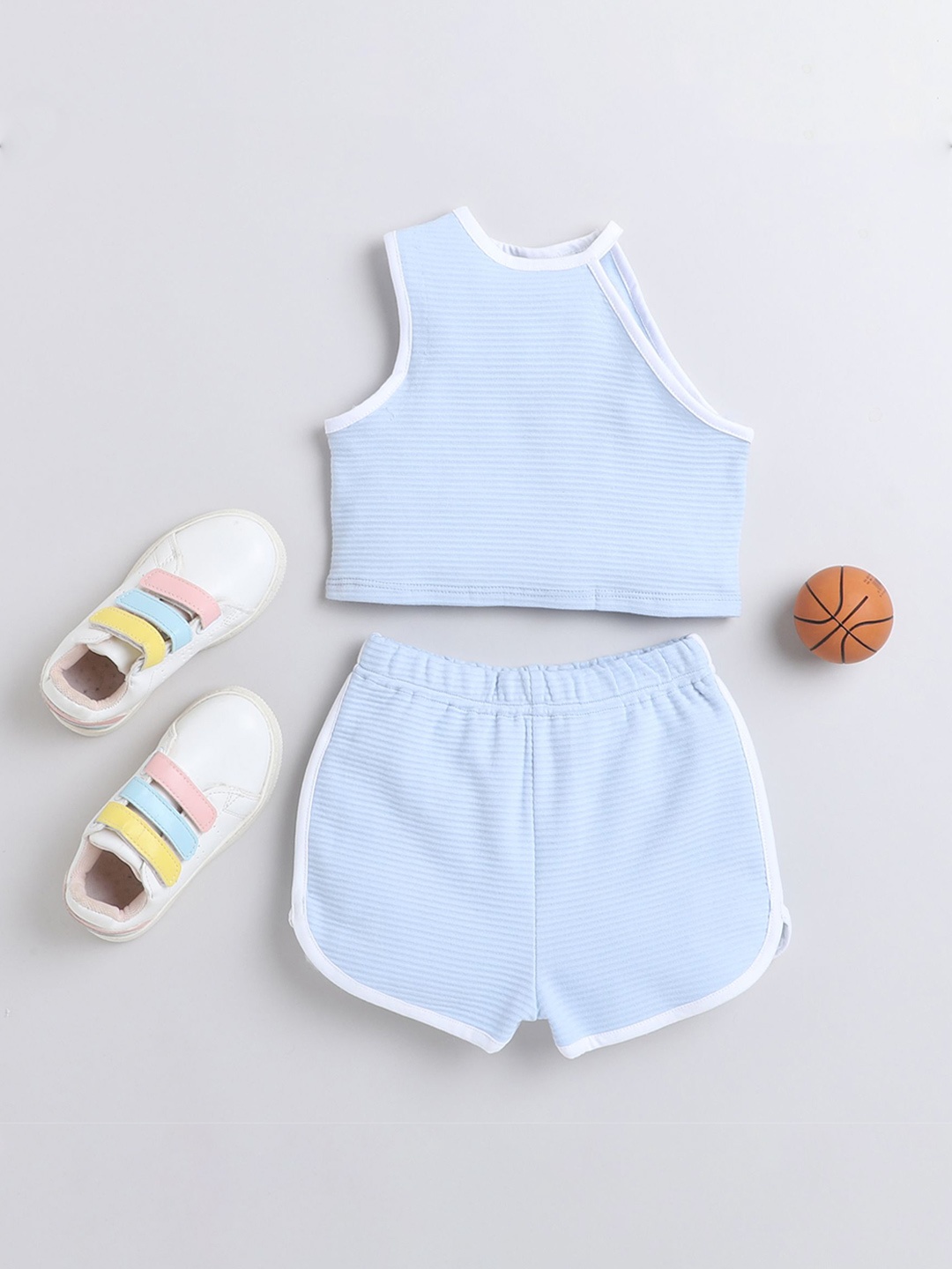 

taffykids Girls Striped Asymmetric Neck Crop Top with Shorts, Blue