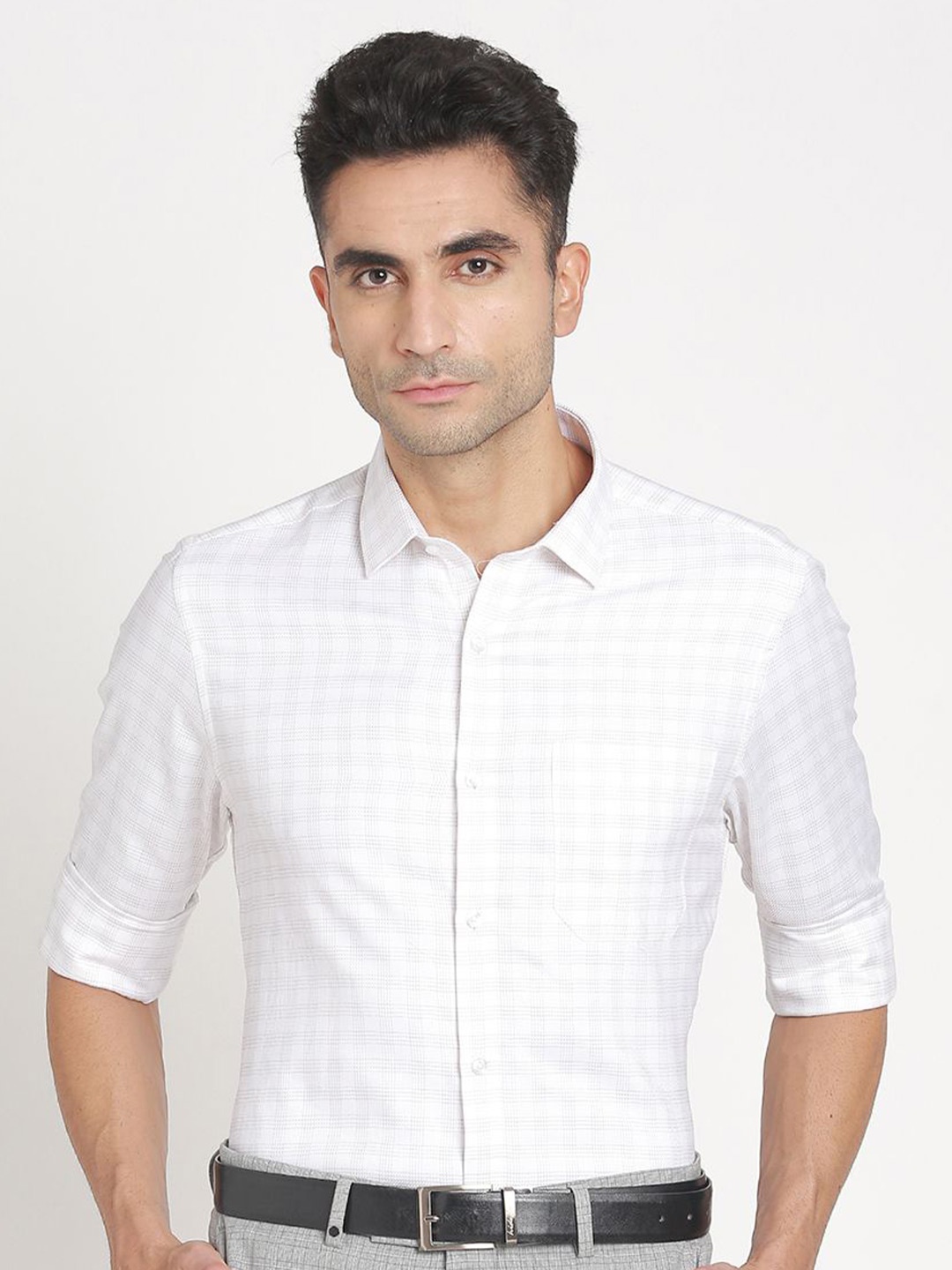 

Turtle Men Standard Spread Collar Textured Cotton Formal Shirt, White