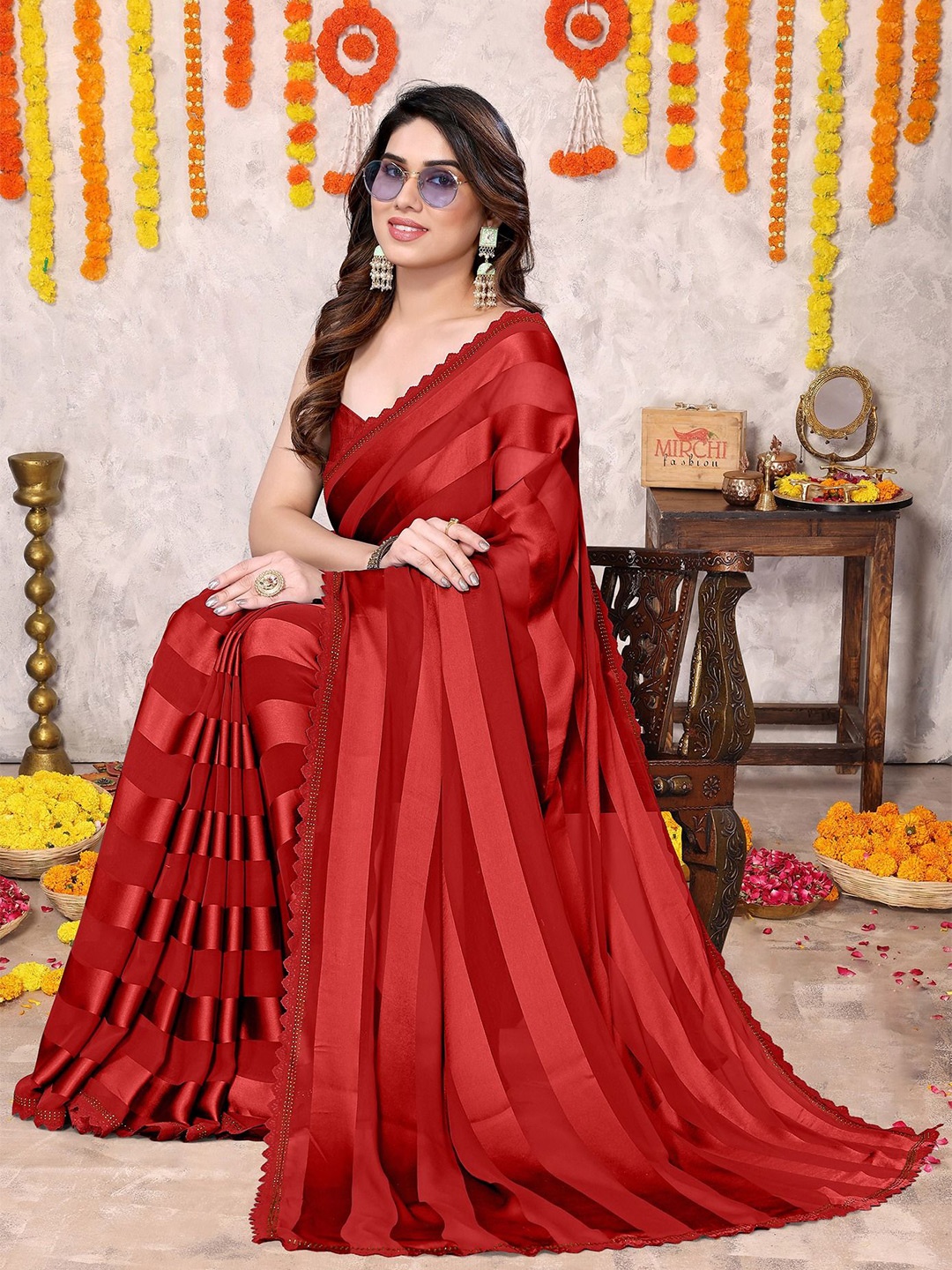 

KALINI Women Striped Beads and Stones Leheriya Saree With Blouse Piece, Red