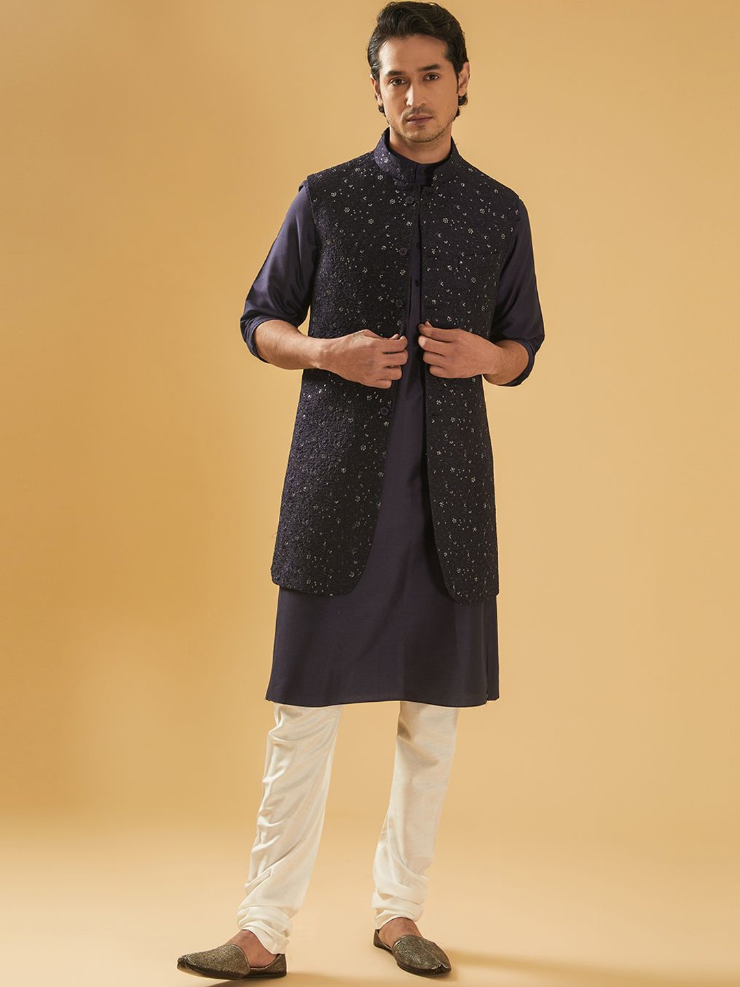 

RR Blue Embellished Longline Nehru Jacket, Navy blue