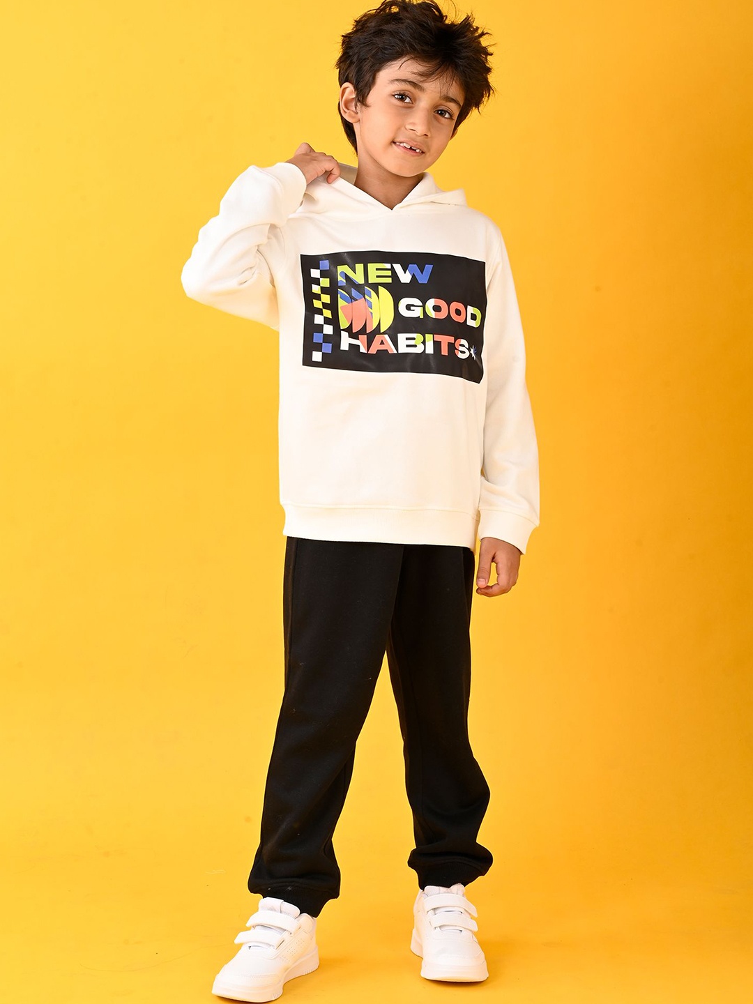 

Anthrilo Boys Good Habits Printed Hooded Sweatshirt with Joggers, White