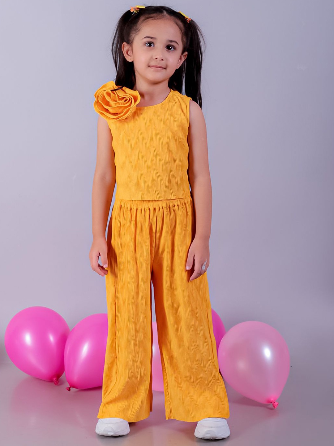 

LIL DRAMA Girls Self Design Top with Palazzos, Yellow