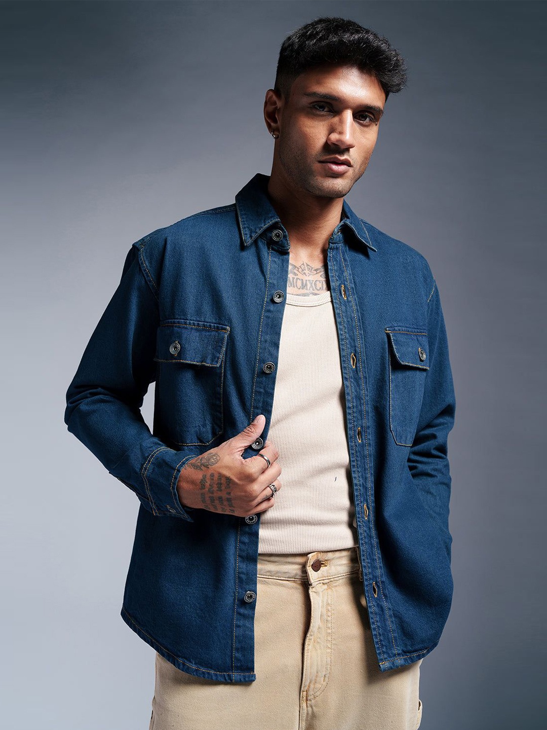 

FREAKINS Men Washed Denim Jacket with Patchwork, Blue