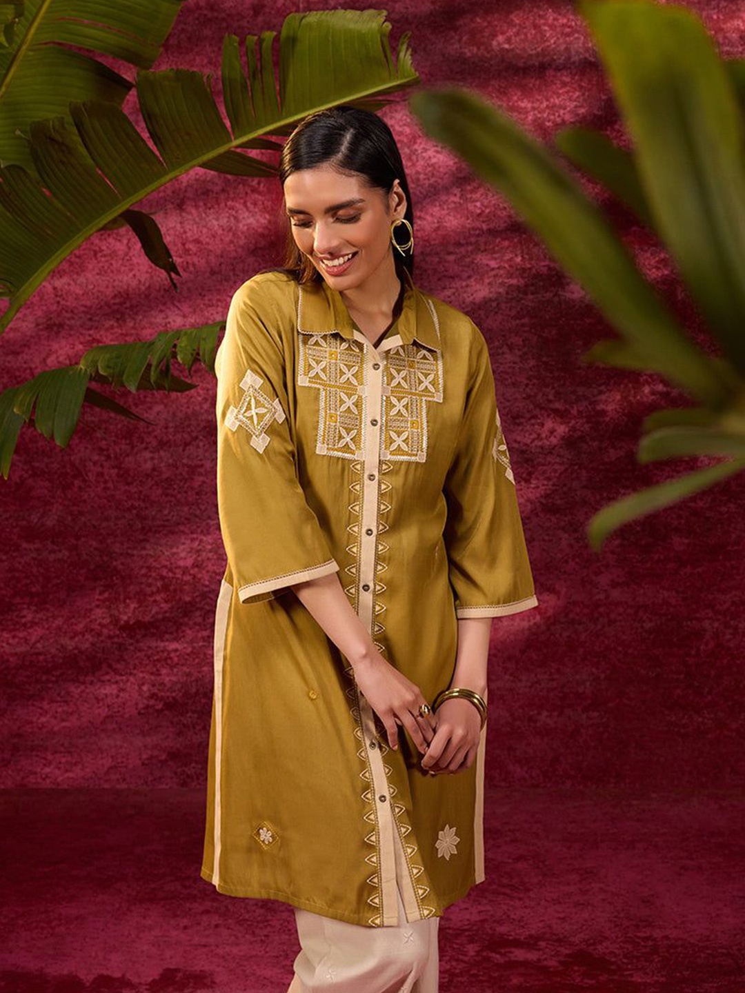 

Lakshita Shirt Collar Embroidered Ethnic Tunic, Gold