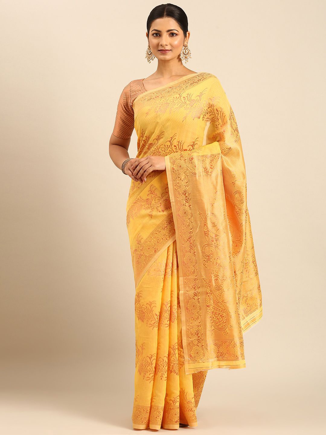 

Panzora Woven Design Saree With Unstitched Blouse Piece, Yellow