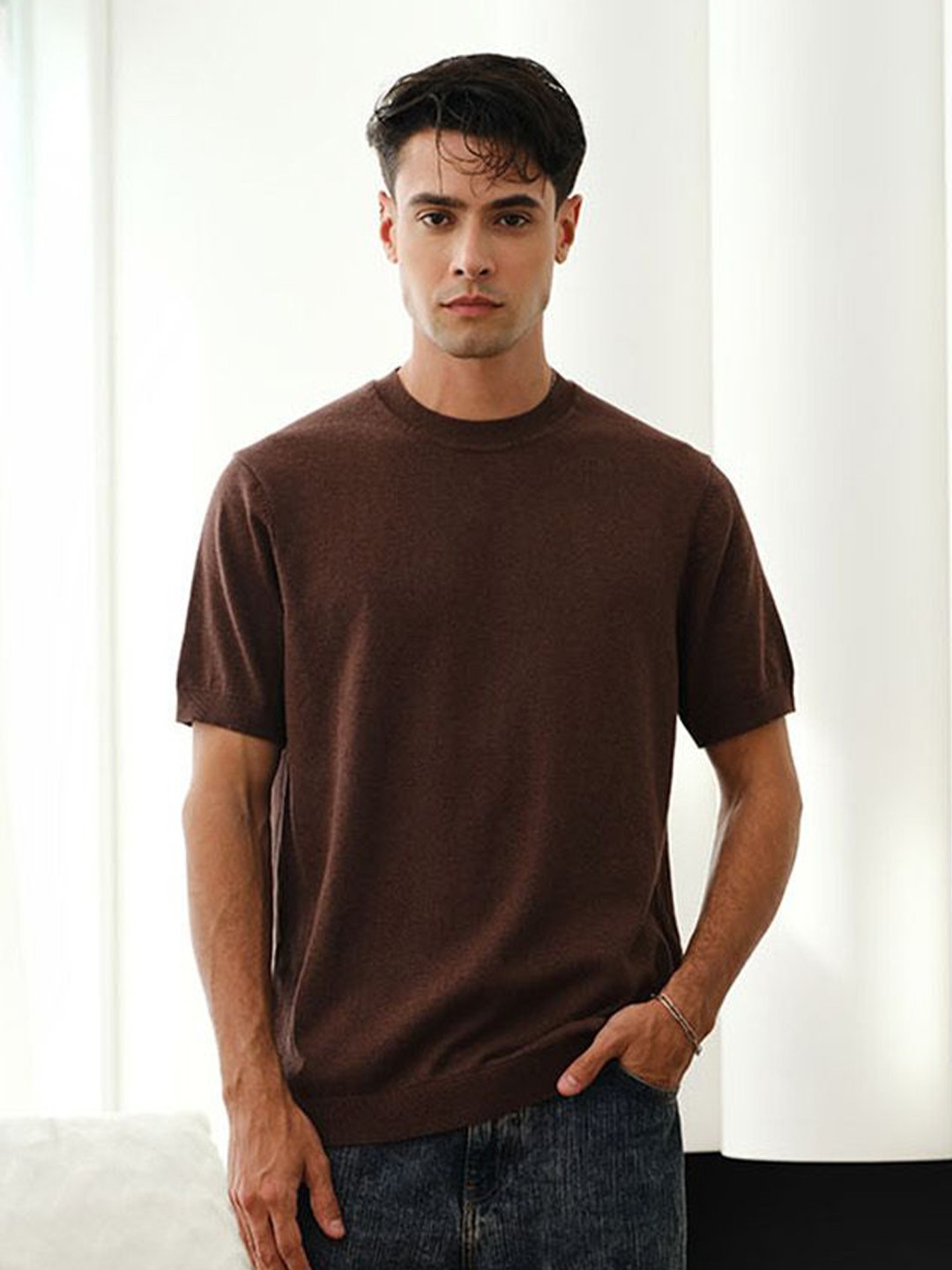 

Bonkers Corner Men Solid Round Neck Cotton T-shirt, Brown