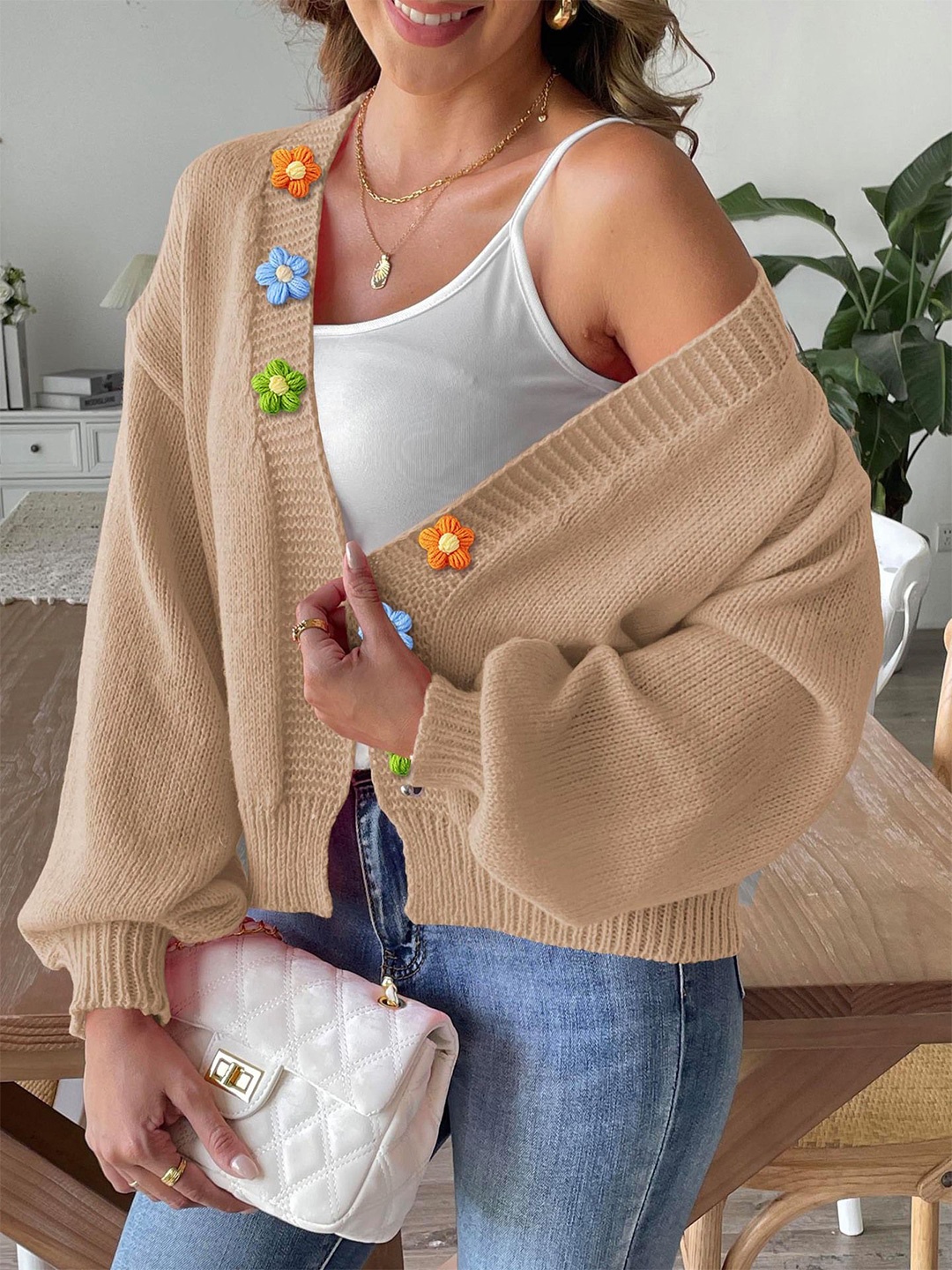 

StyleCast Women Embroidered Cardigan with Embroidered Detail, Beige