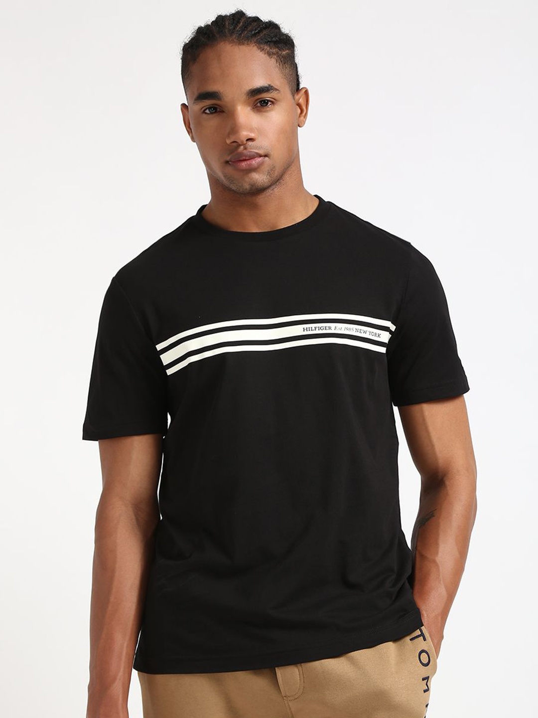 

Tommy Hilfiger Men Striped Round Neck Pure Cotton T-shirt, Black