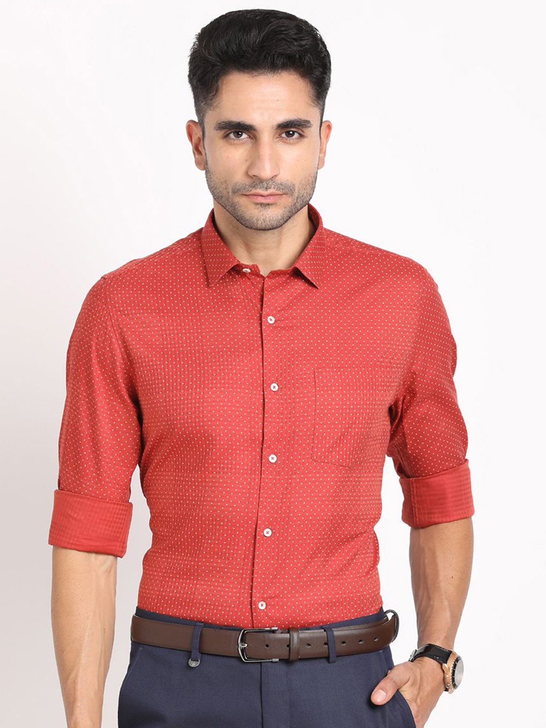 

Turtle Men Standard Spread Collar Micro Ditsy Printed Cotton Formal Shirt, Red