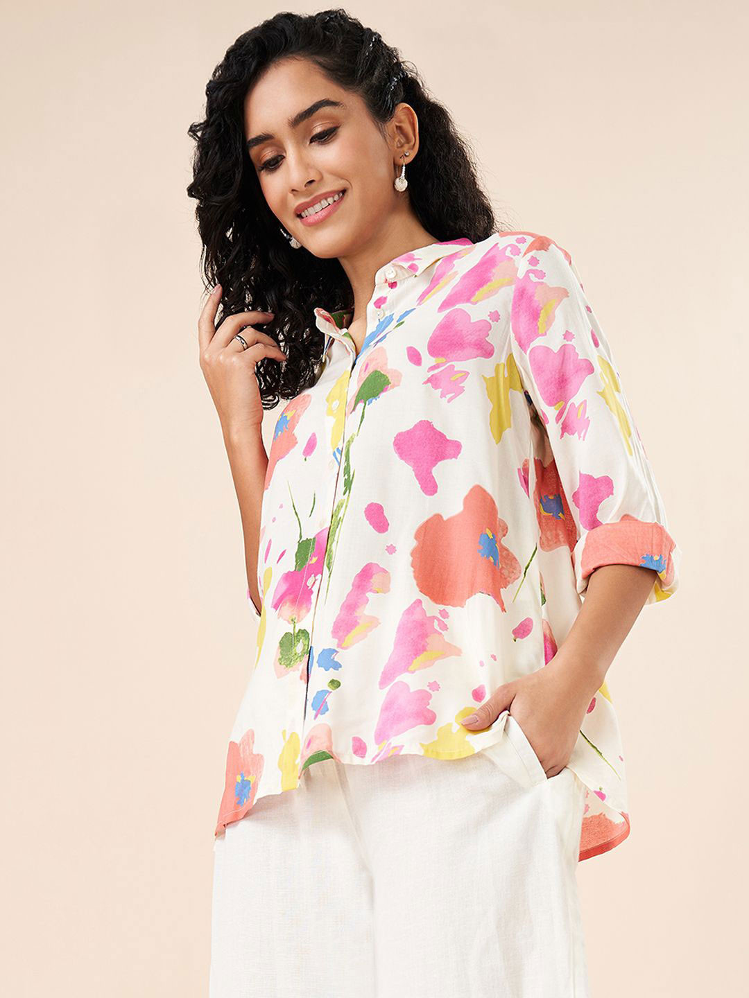 

AKKRITI BY PANTALOONS Women Printed Mandarin Collar Tunic, Pink