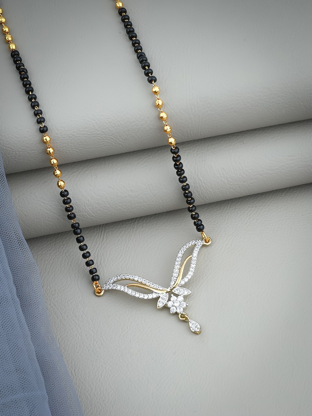 

Wynona Gold-Plated American Diamond Studded & Beaded Mangalsutra