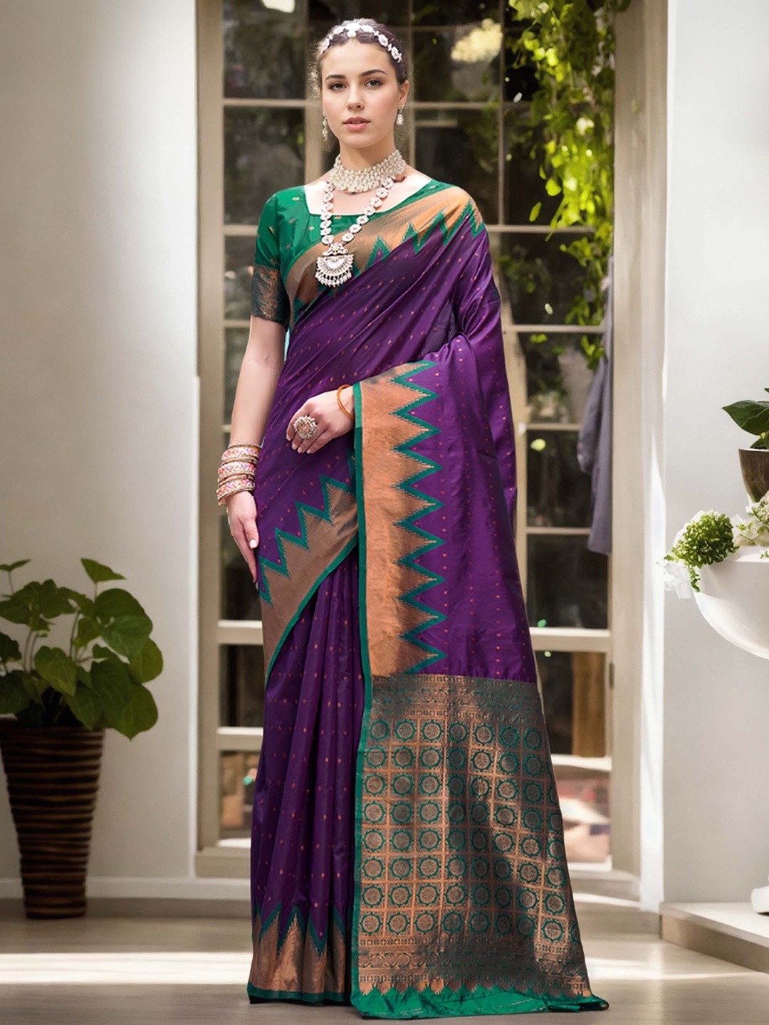 

Anouk Ethnic Motifs Woven Design Zari Banarasi Saree, Purple