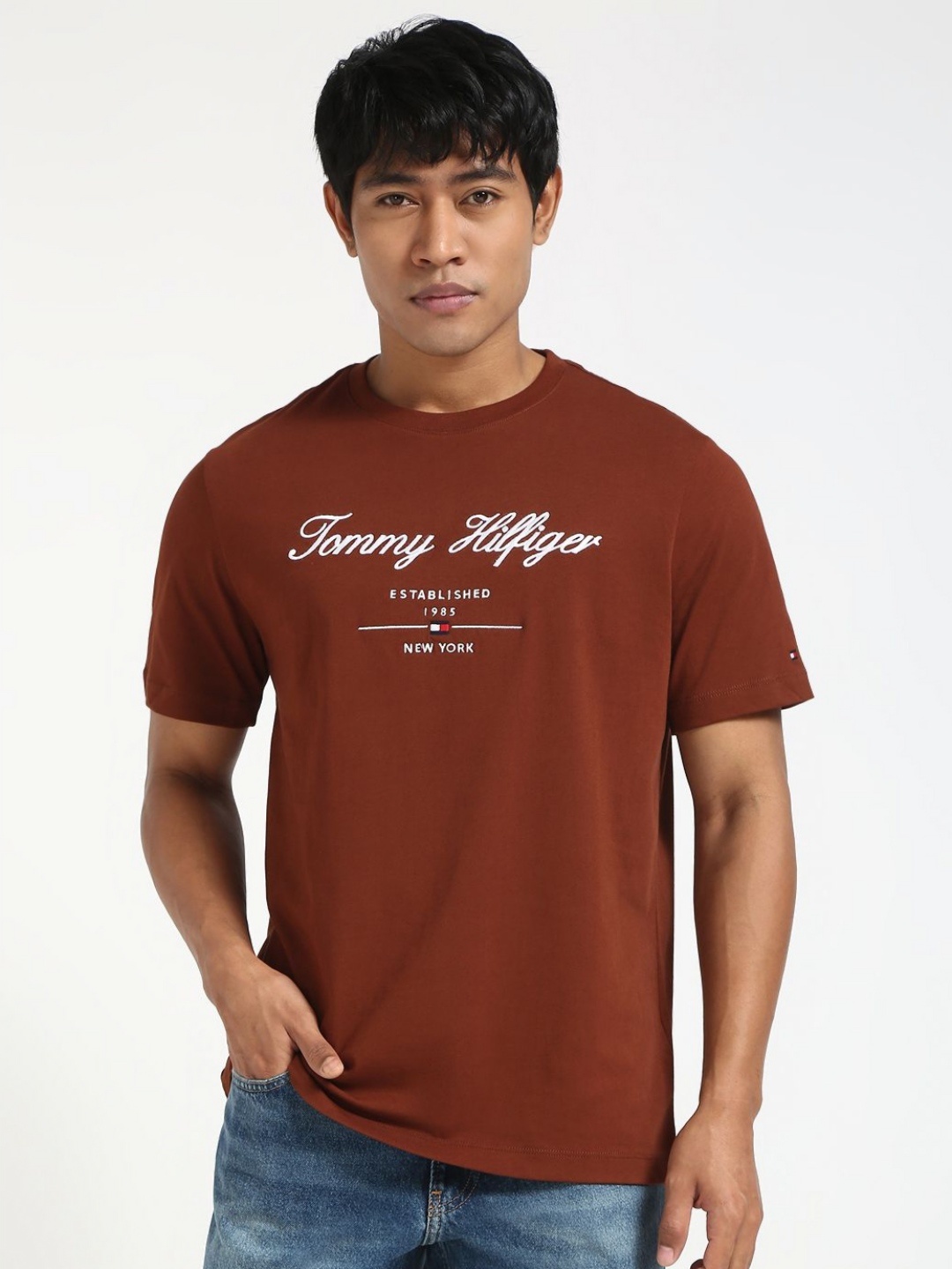 

Tommy Hilfiger Men Typography Printed Round Neck Cotton T-shirt, Brown