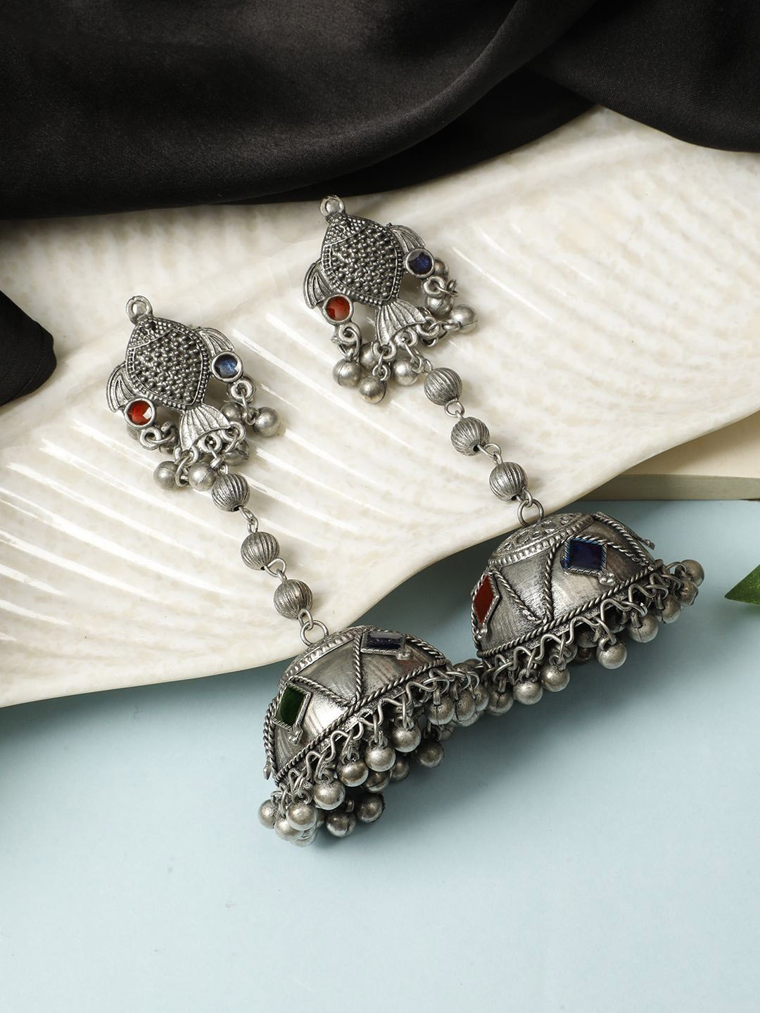 

VIVAZS Silver-Plated Stone Studded Dome Shaped Jhumkas