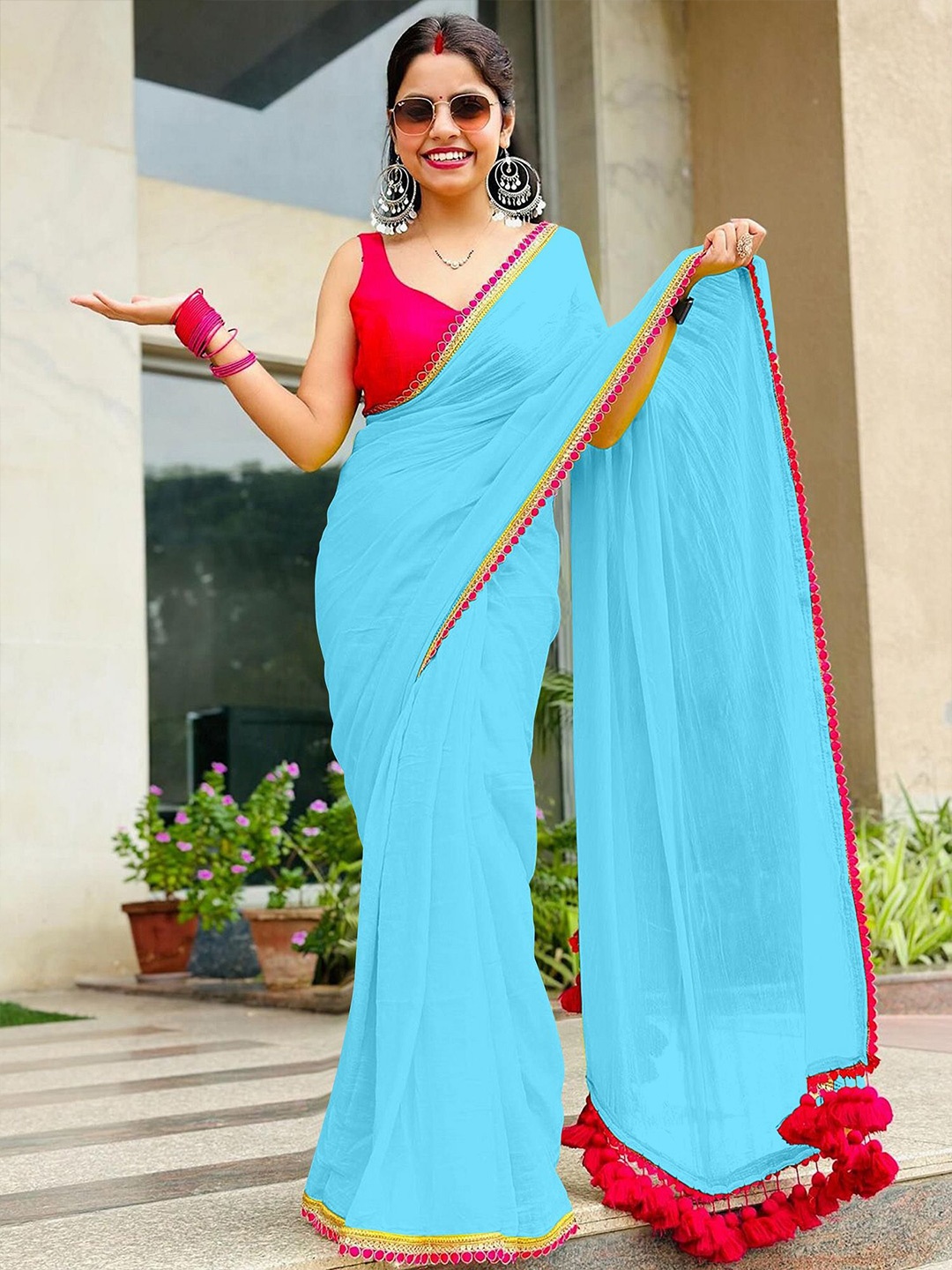 

Aika Women Embroidered Saree With Blouse Piece, Turquoise blue