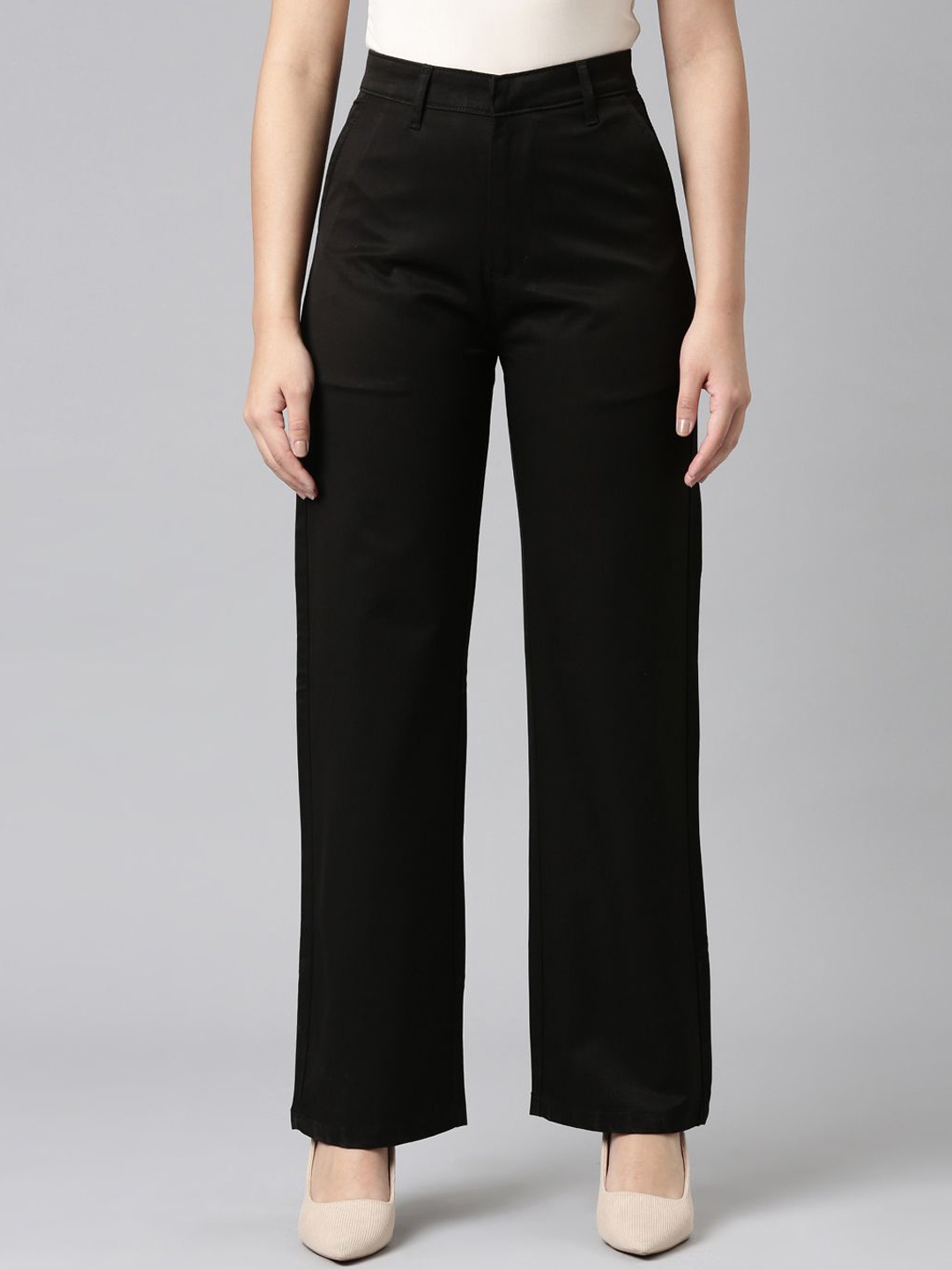 

ZHEIA Women Straight Fit High-Rise Regular Trousers, Black