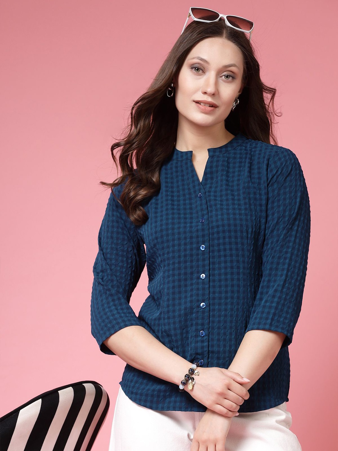 

BEING NAUGHTY Women Comfort Band Collar Textured Casual Shirt, Navy blue