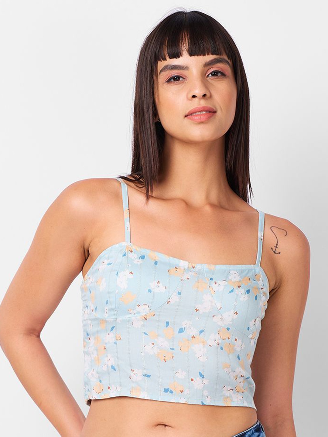 

IZEL Print Sweetheart Neck Bardot Crop Top, Blue
