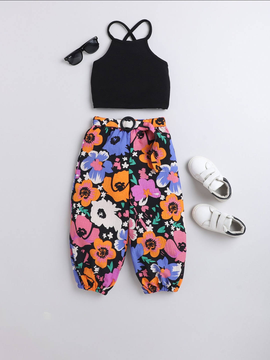 

taffykids Girls Floral Printed Halter Neck Crop Top With Joggers, Black