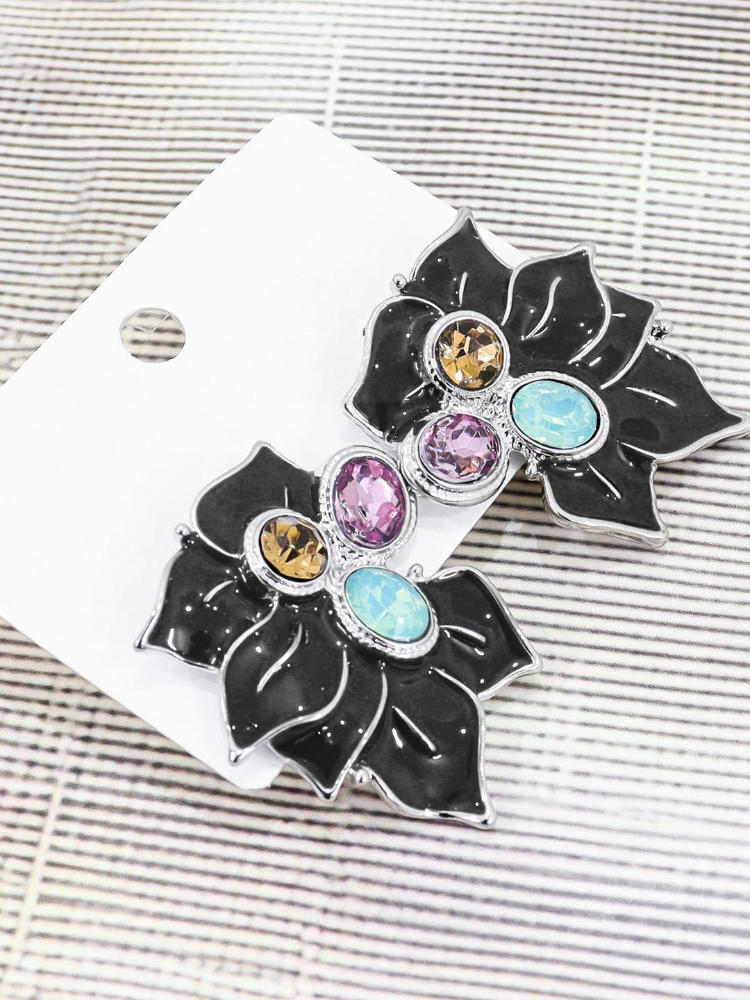 

KRENOZ Silver Plated Rhinestone Floral Studs Earrings, Black