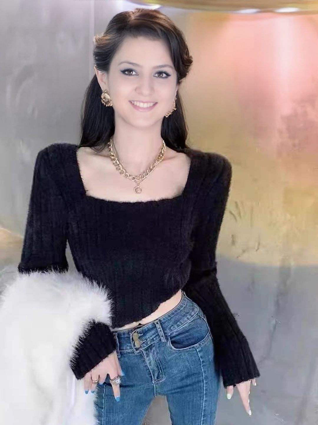 

StyleCast Bell Sleeve Crop Sweater, Black