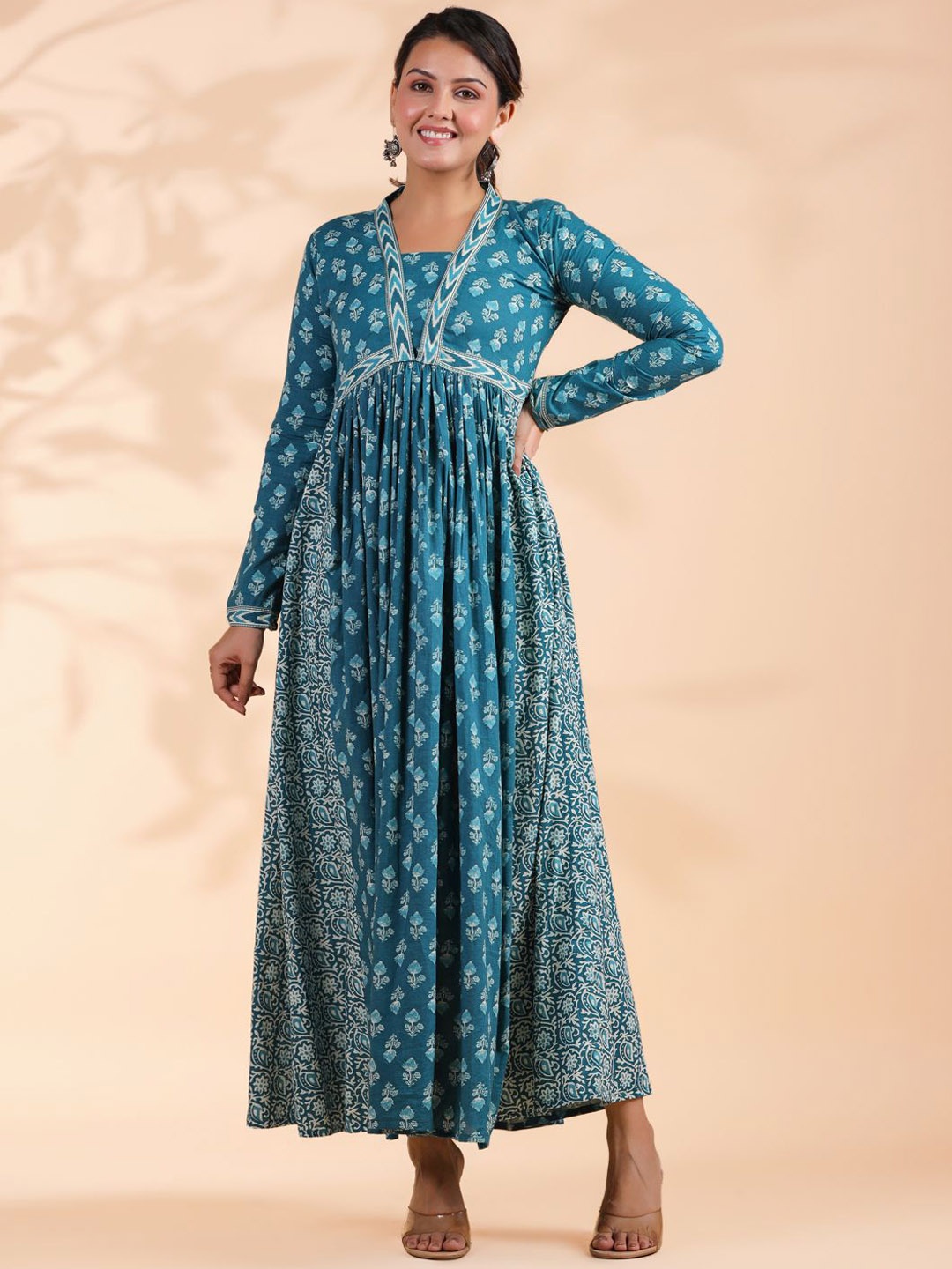 

Vbuyz Ethnic Motifs Printed Square Neck Pure Cotton Anarkali Kurta, Blue