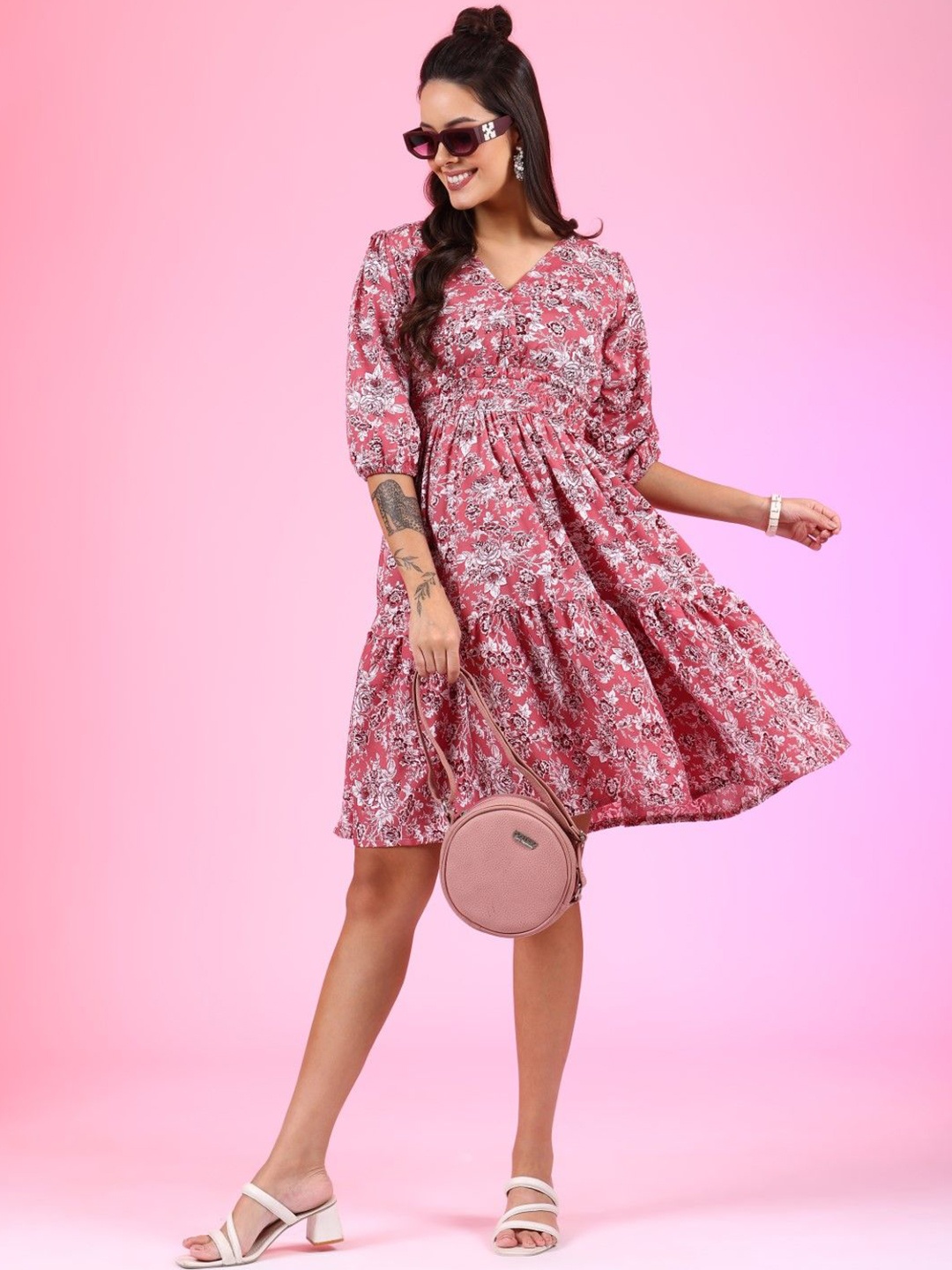 

Krunal Raiyani Women Floral Printed Tiered Fit & Flare Midi Dress, Pink