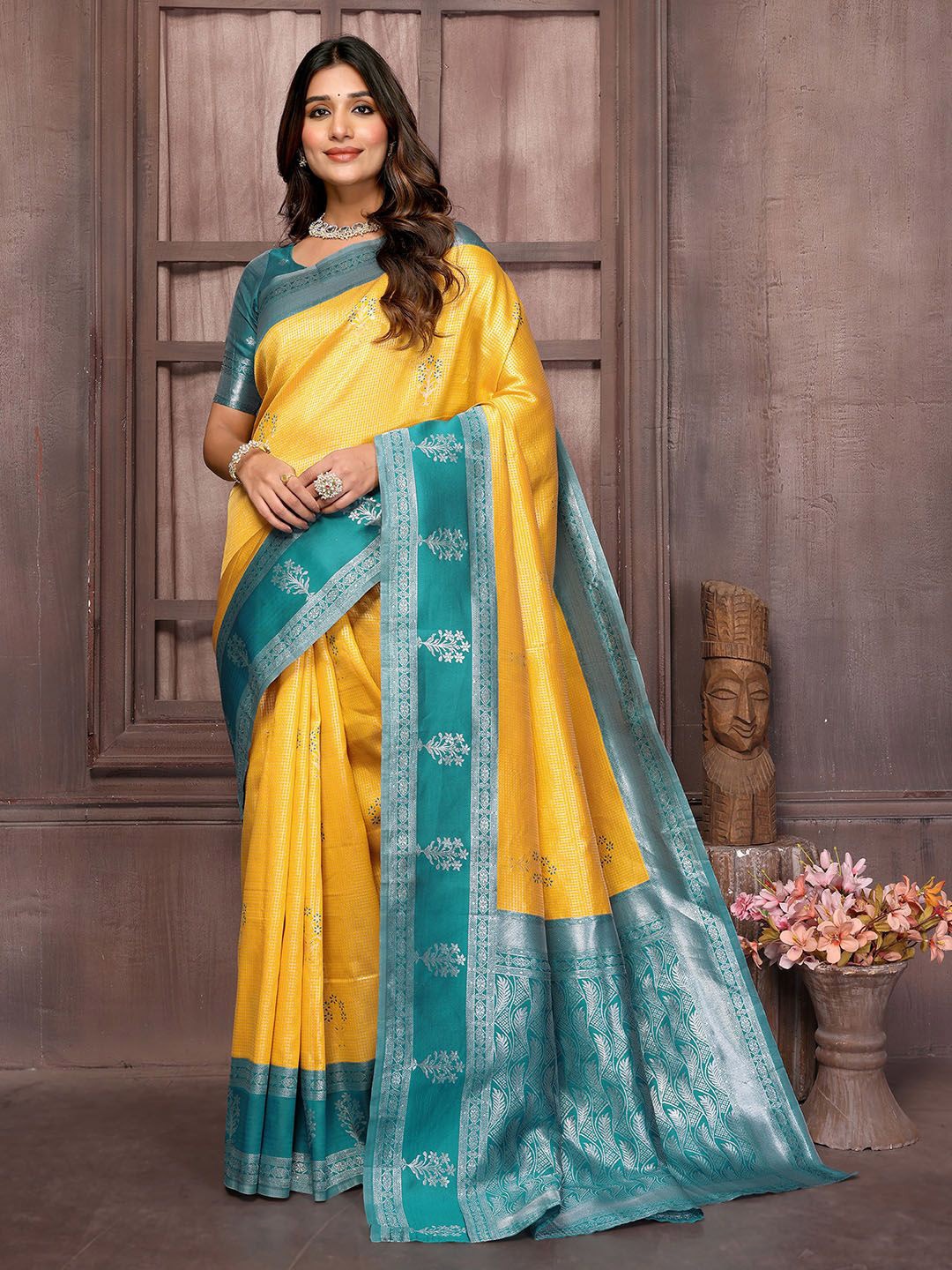 

KALINI Ethnic Motifs Woven Design Zari Saree, Yellow