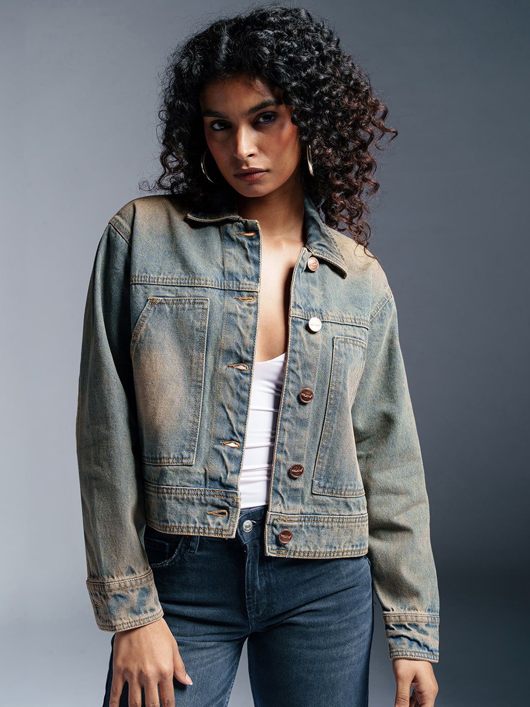 

FREAKINS Women Spread Collar Washed Solid Casual Denim Jacket, Brown
