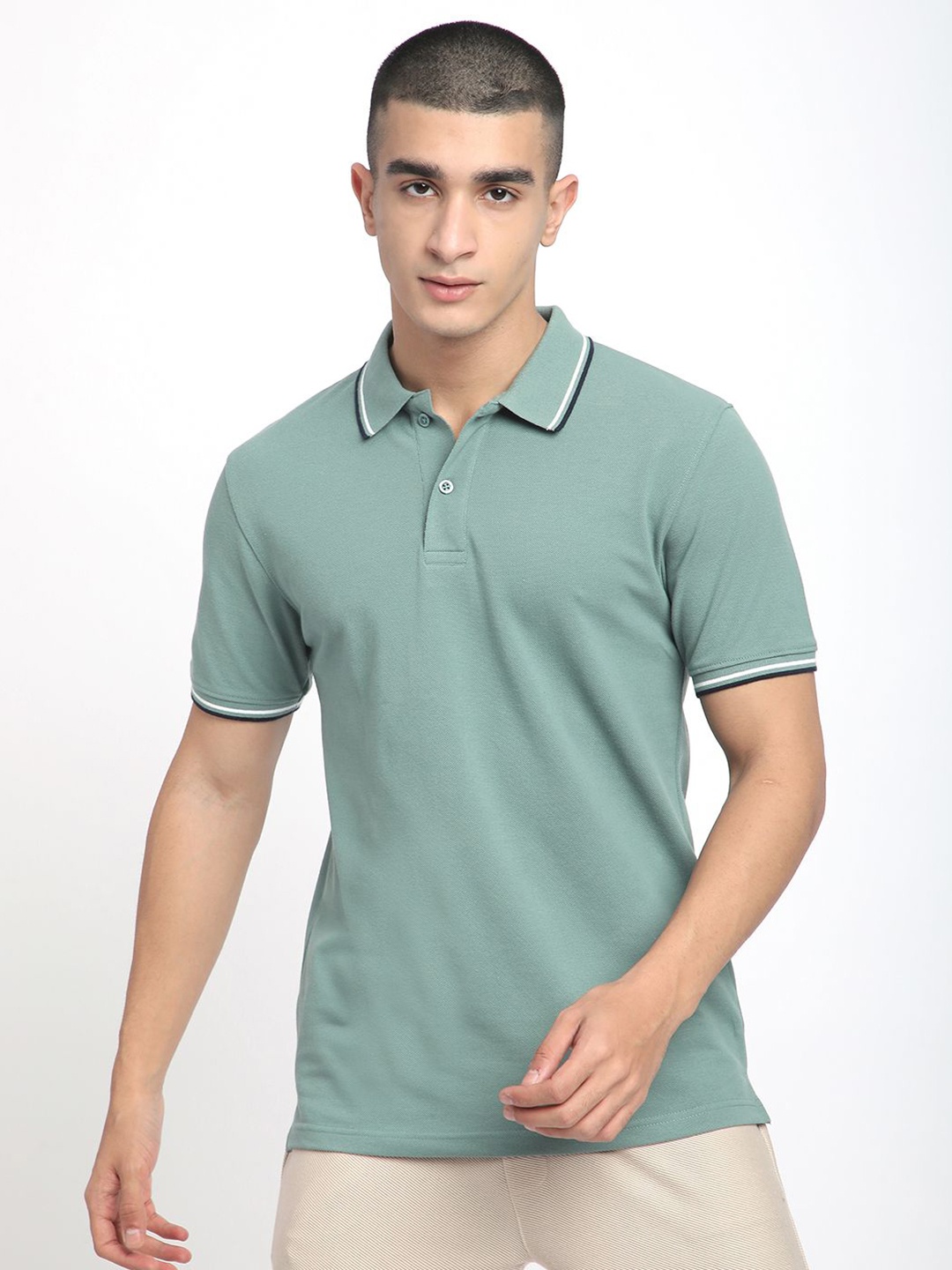 

R&B Men Solid Polo Collar Cotton T-shirt, Sea green