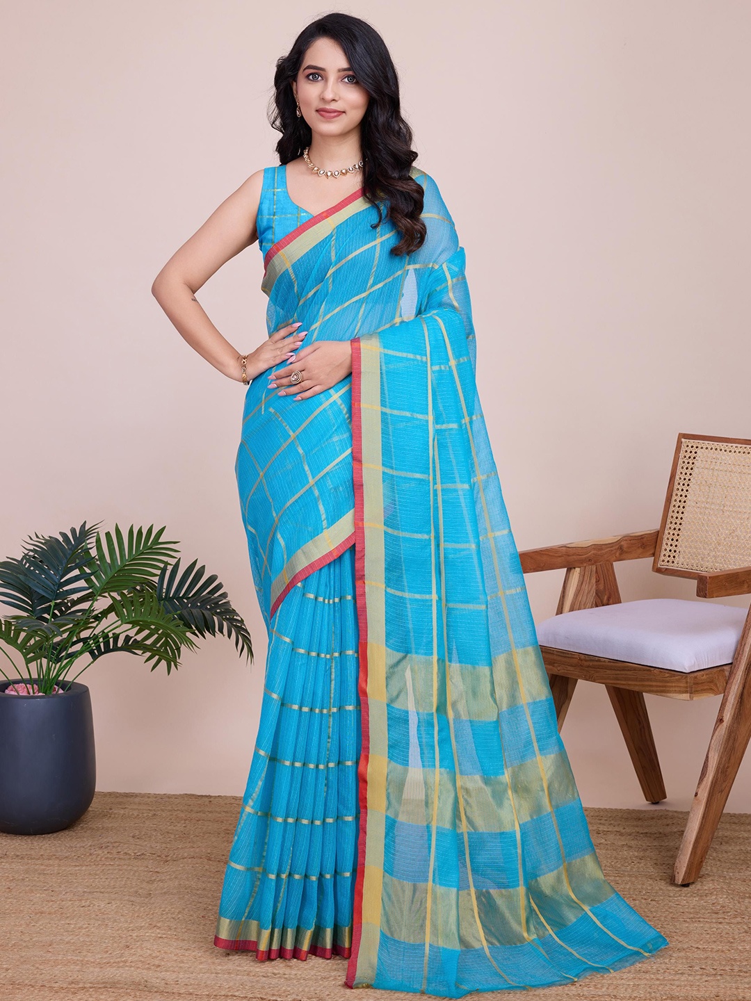 

Kalista Checked Zari Saree, Blue