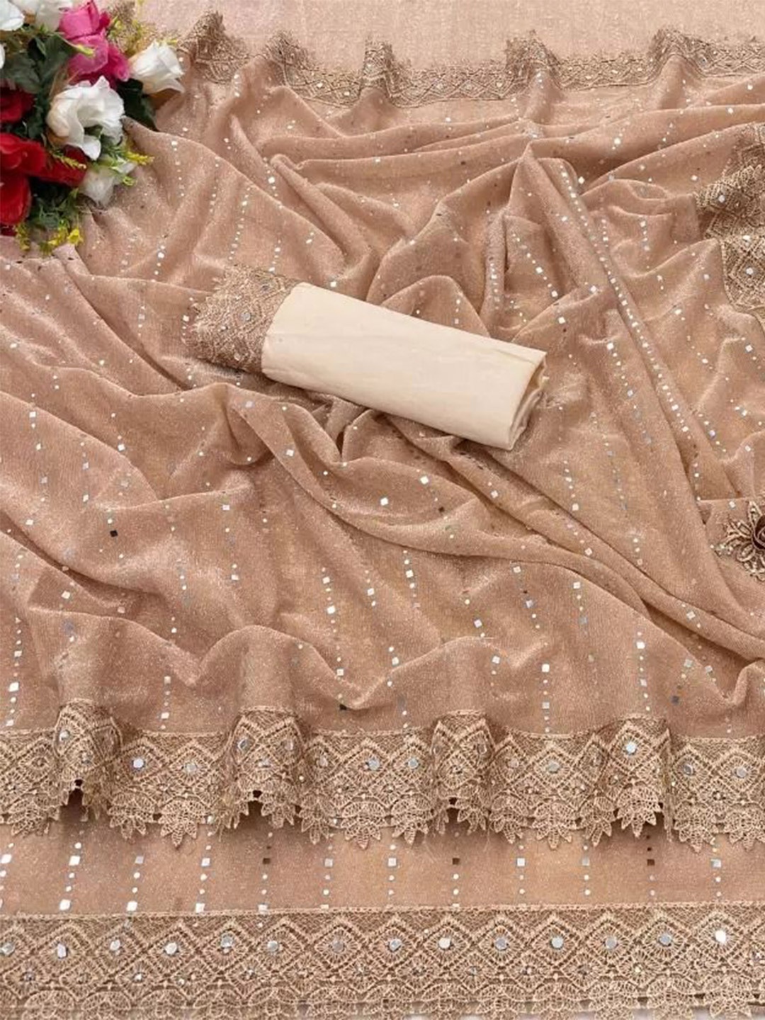 

SAADHVI Embellished Beads and Stones Saree, Cream