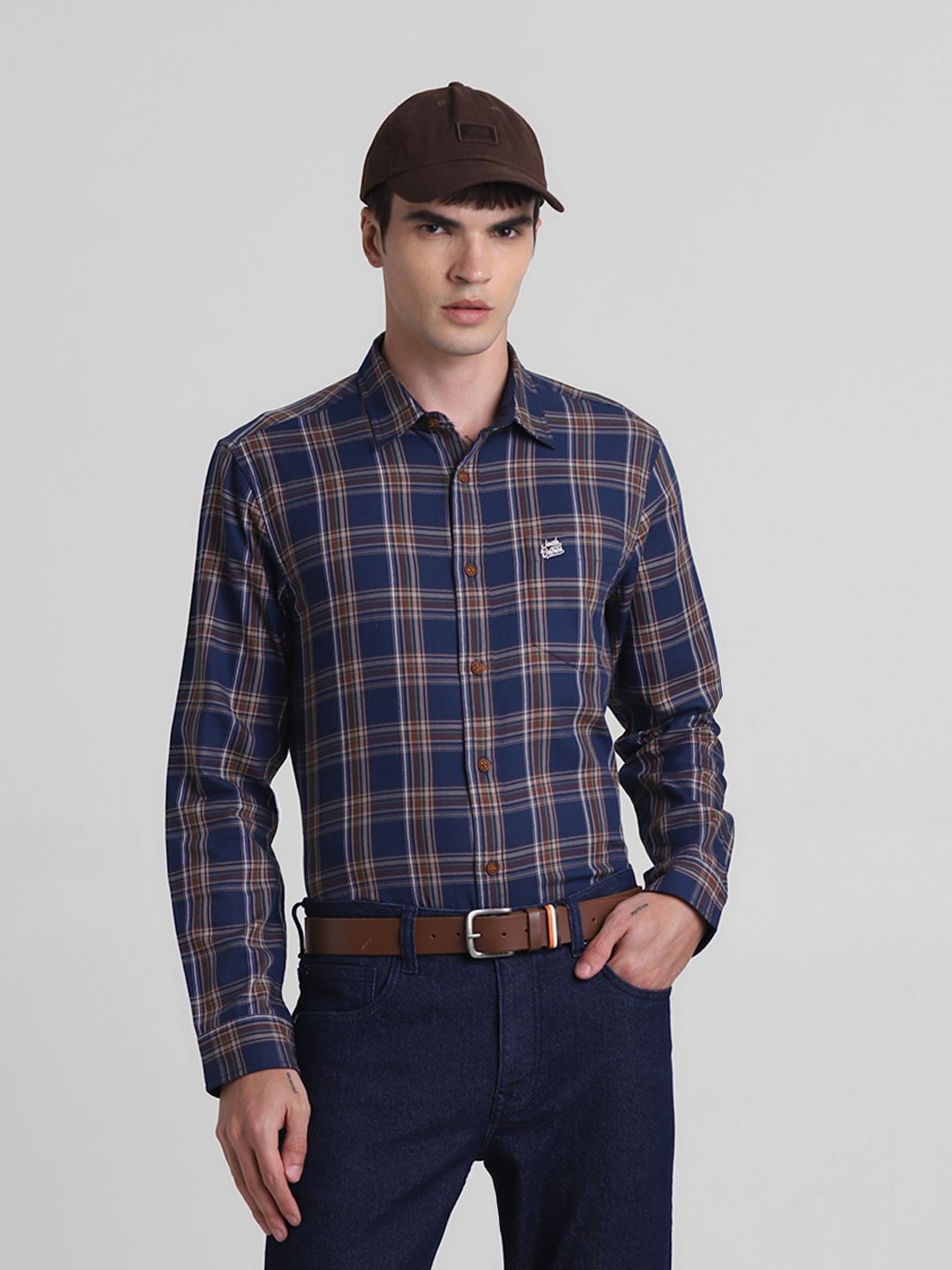 

Jack & Jones Men Spread Collar Tartan Checked Cotton Casual Shirt, Navy blue
