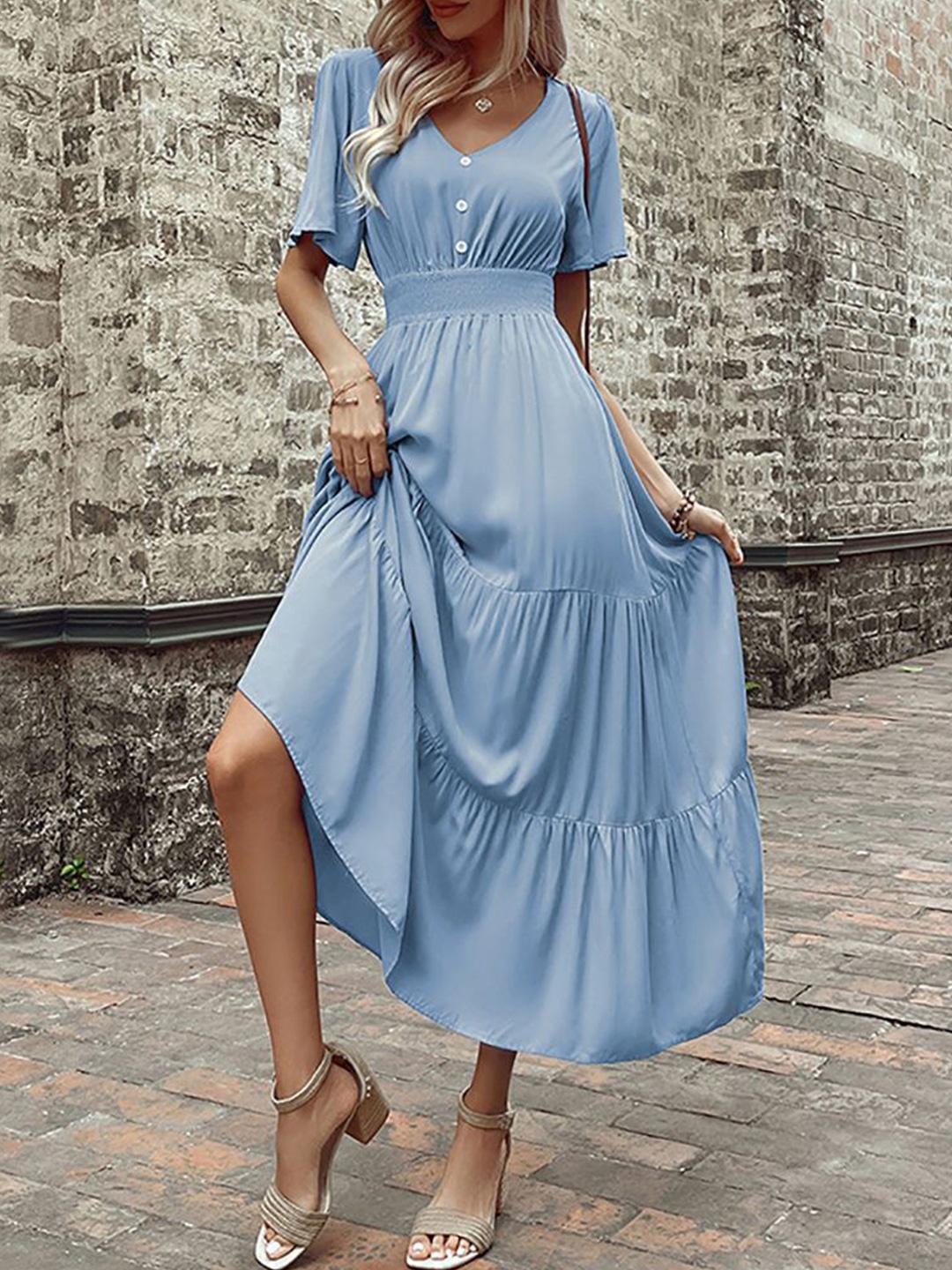 

StyleCast x Revolte Women V-Neck Fit and Flare Midi Dress, Blue