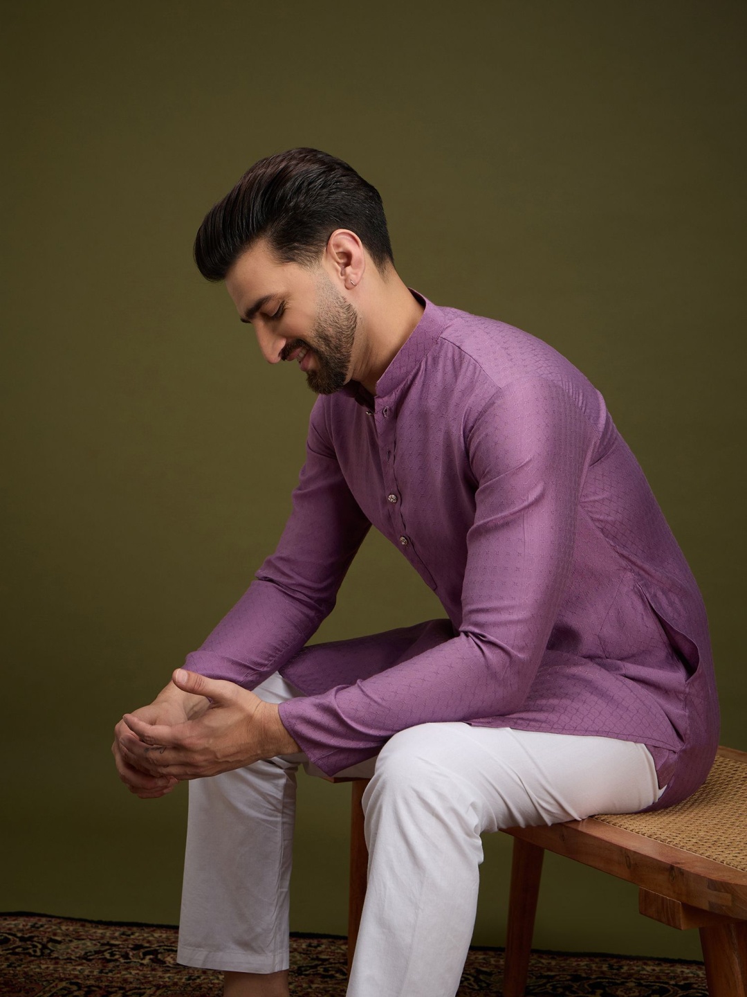 

Anouk Purple Geometric Embroidered Mandarin Collar Pure Cotton Straight Kurta
