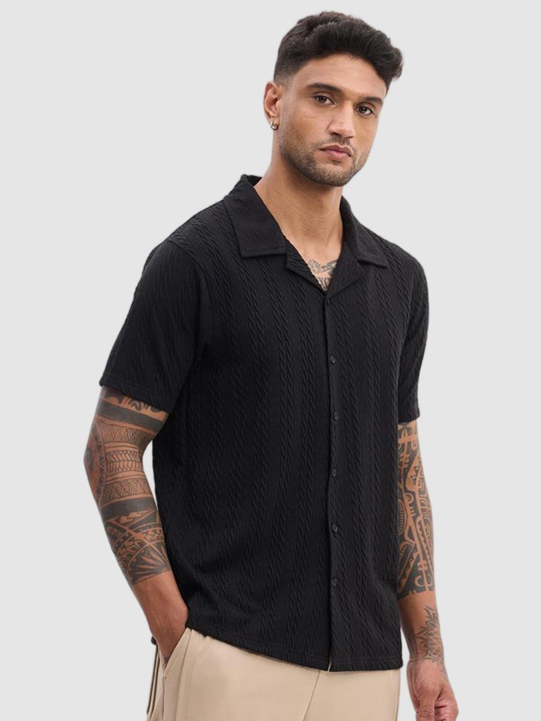 

Snitch Men Relaxed Fit Cuban Collar Textured Casual Shirt, Black