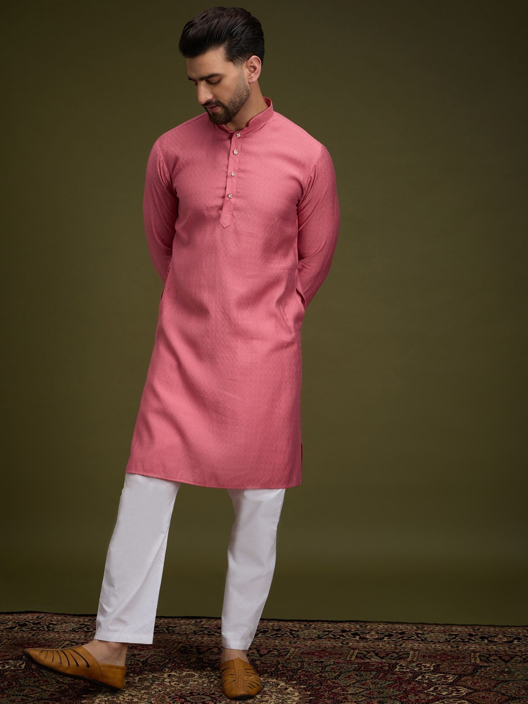 

Anouk Pink Geometric Woven Design Mandarin Collar Pure Cotton Straight Kurta