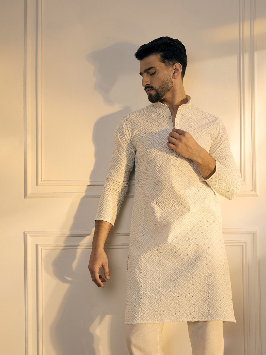 

Anouk Off-White Geometric Embroidered Mandarin Collar Pure Cotton Straight Kurta